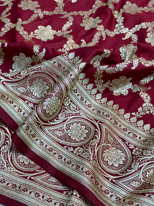 Light Maroon Satin Katan Silk Floral Jaal Banarasi Saree