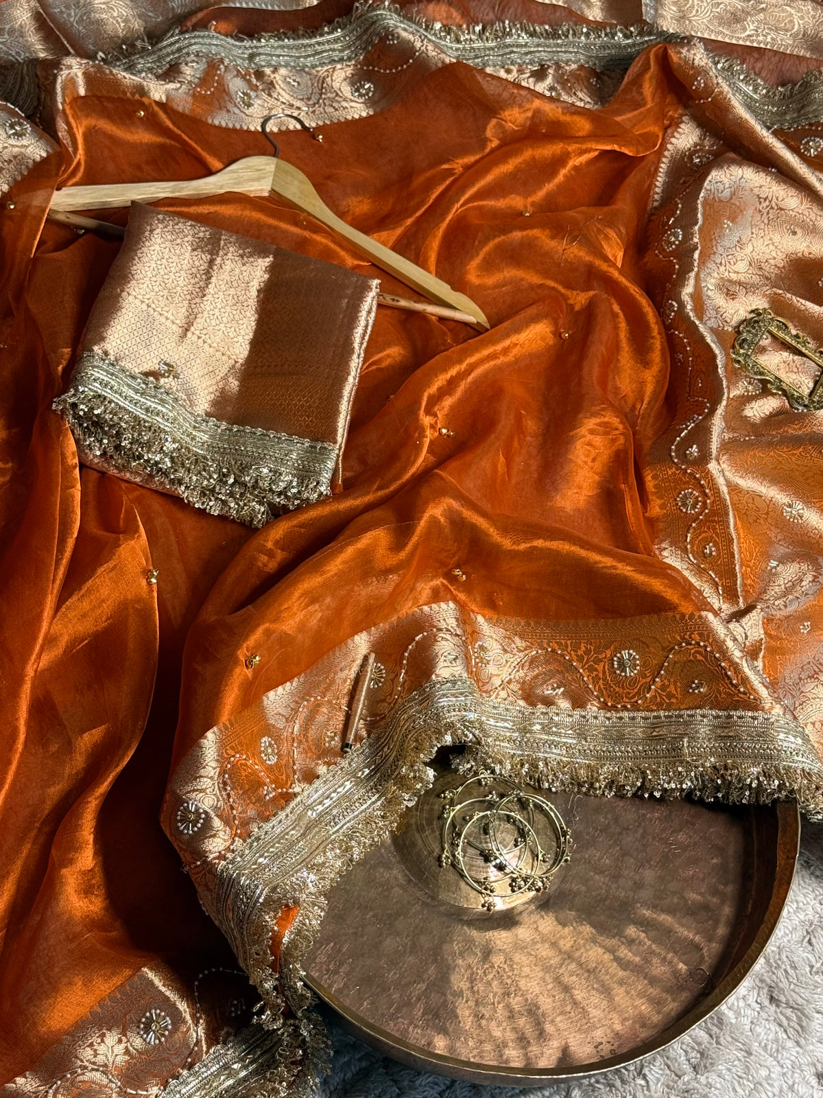Metallic Orange Pure Tissue Silk Ghungroo Handwork Saree
