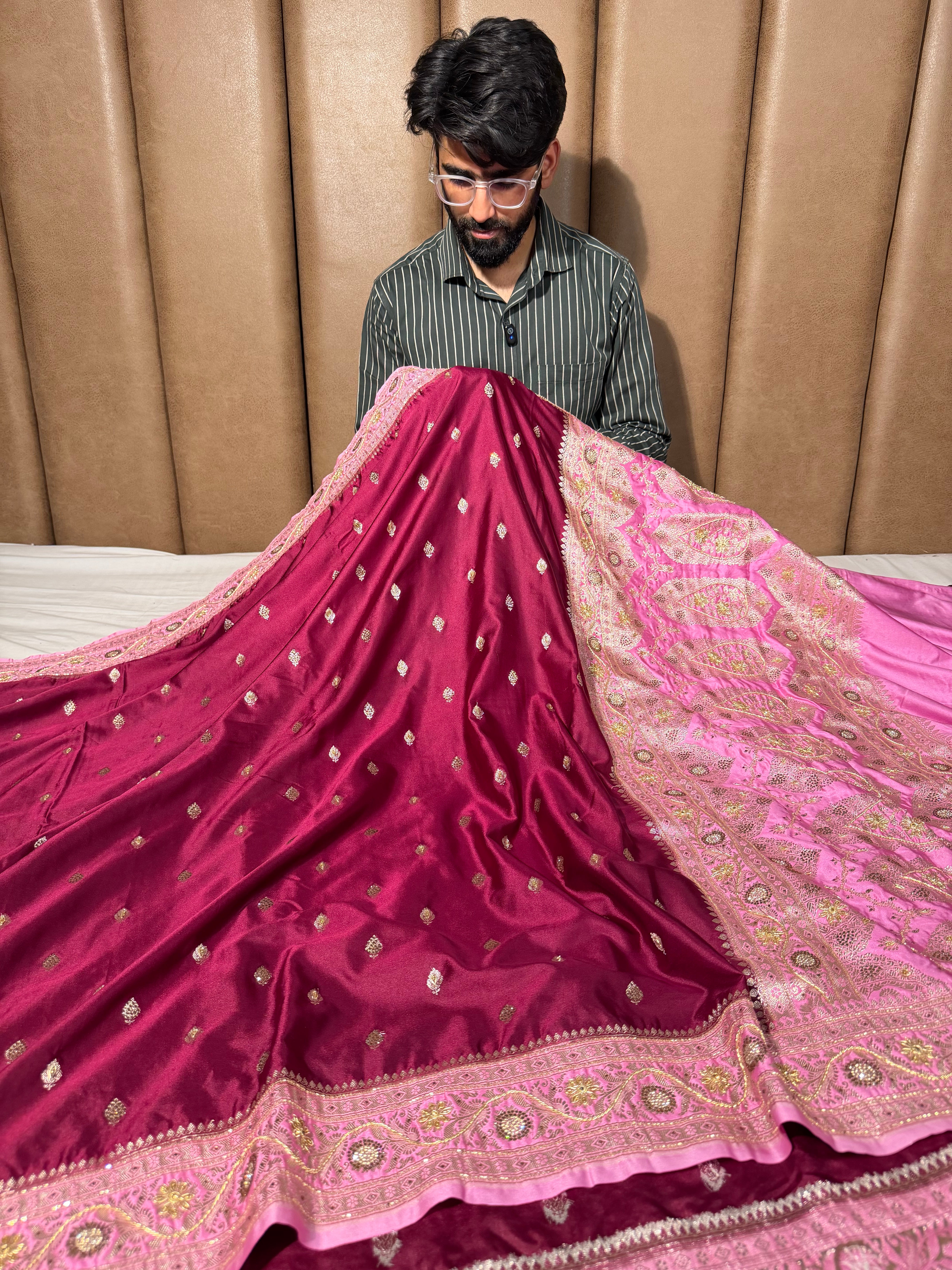 Maroon Pink Mashru Katan Premium Handwork Saree
