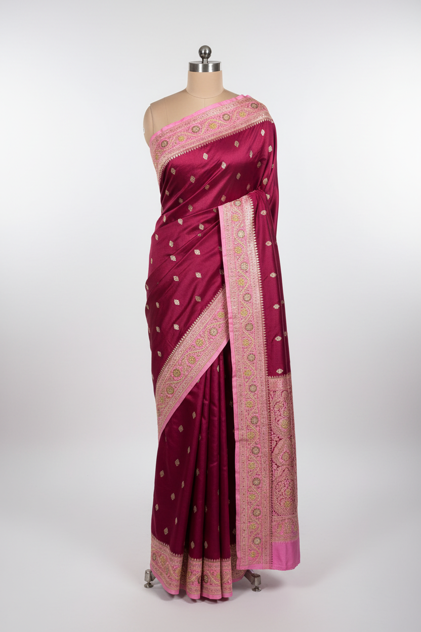 Maroon Pink Mashru Katan Premium Handwork Saree