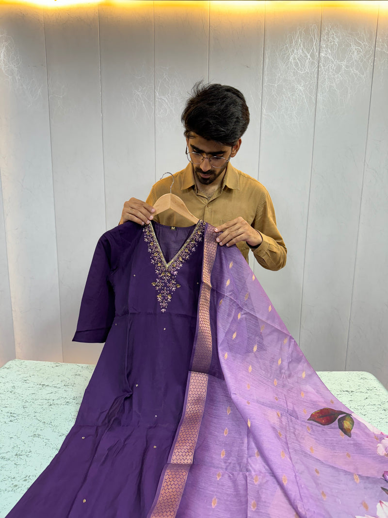 Dark Purple Embroidered Suit Set