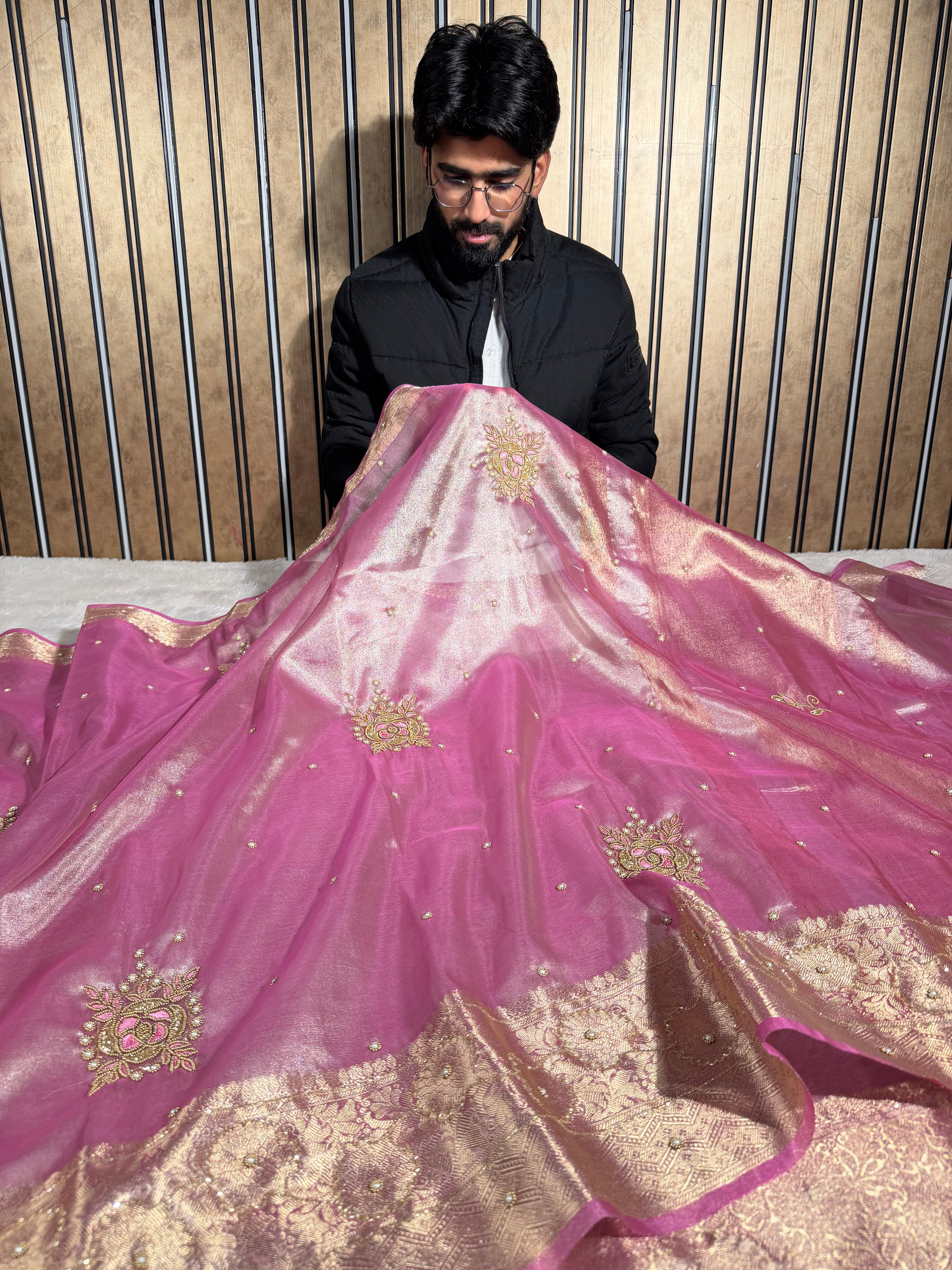 Preety Pink Tissue Silk Premium Handwork Banarasi Saree