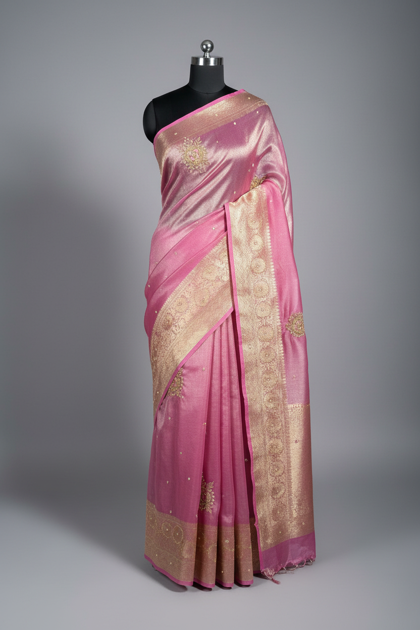 Preety Pink Tissue Silk Premium Handwork Banarasi Saree