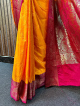 Yellow with Pink Contrast Satin Katan Silk Saree