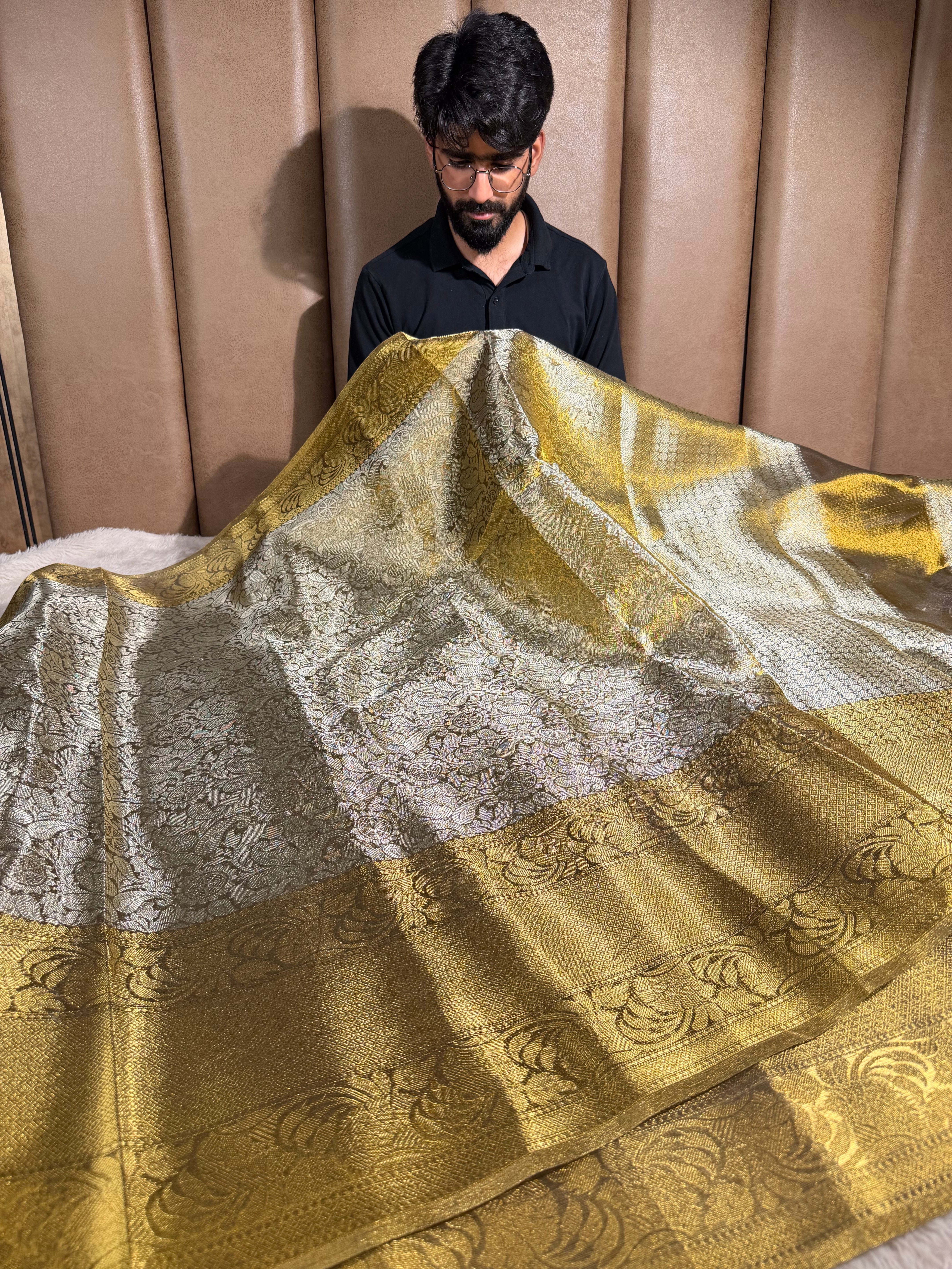 Copper Gold Kanjivaram Embossed Tissue Saree