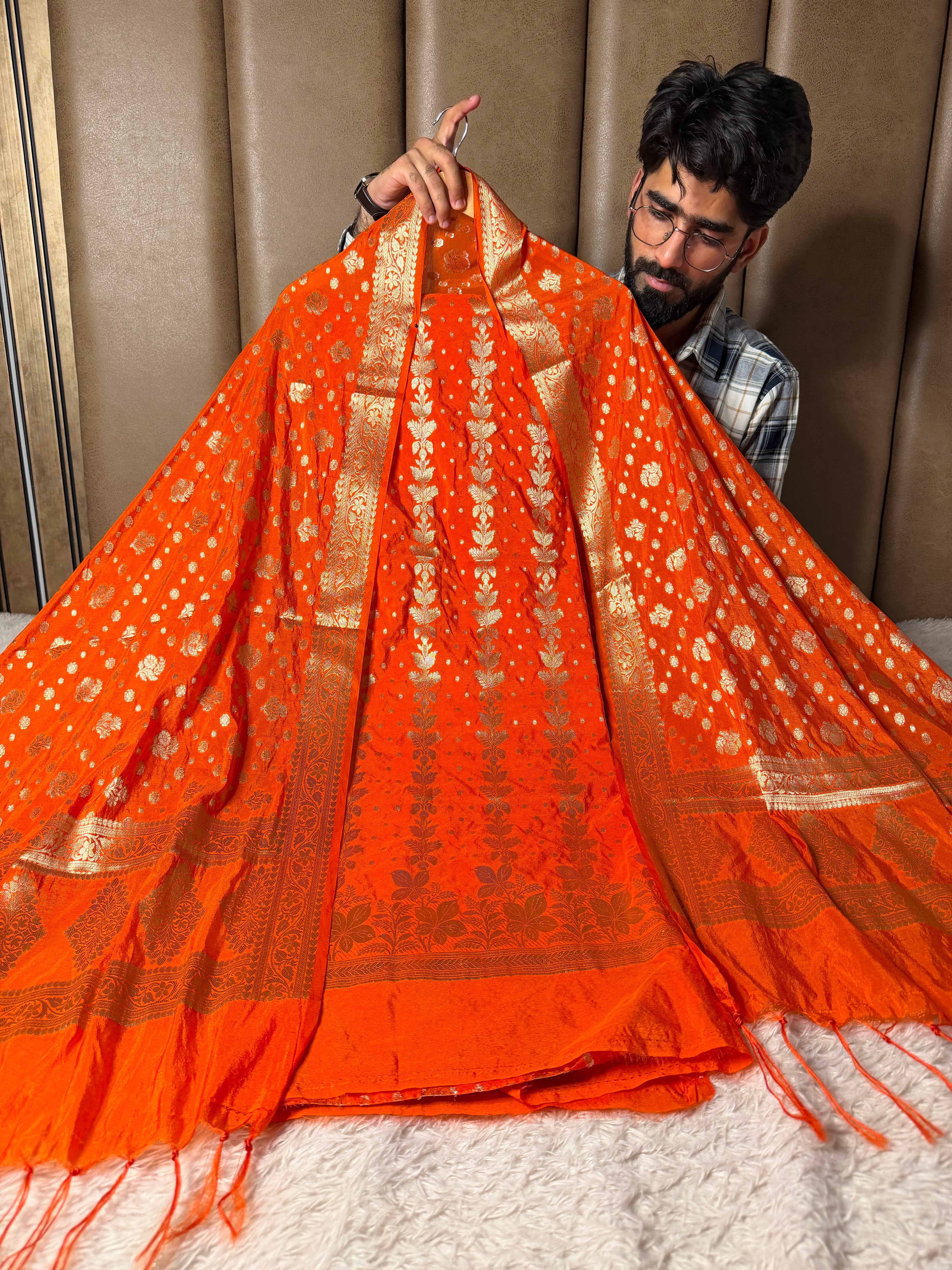 Bright oange chinia silk 3 pcs banarasi suit