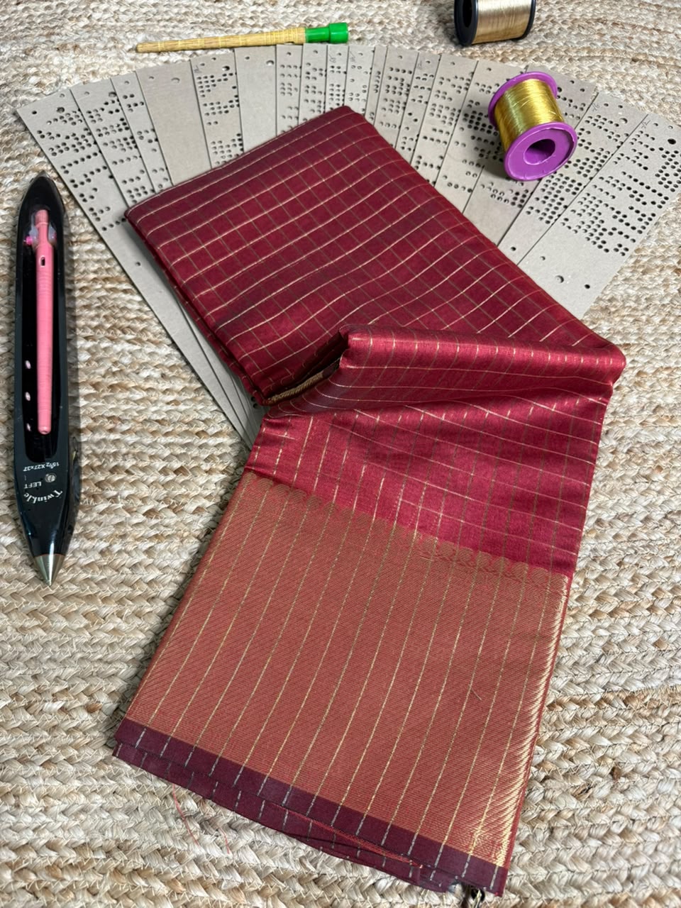 Light Maroon Zari Checks Cotton Saree