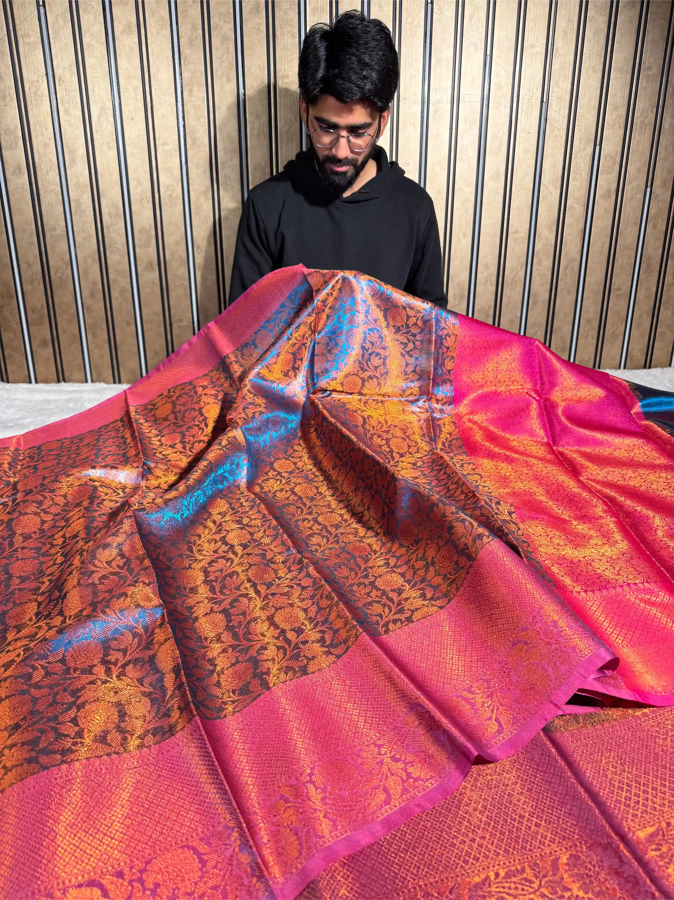 Metallic Blue Tissue Silk Floral Weave Banarasi Saree