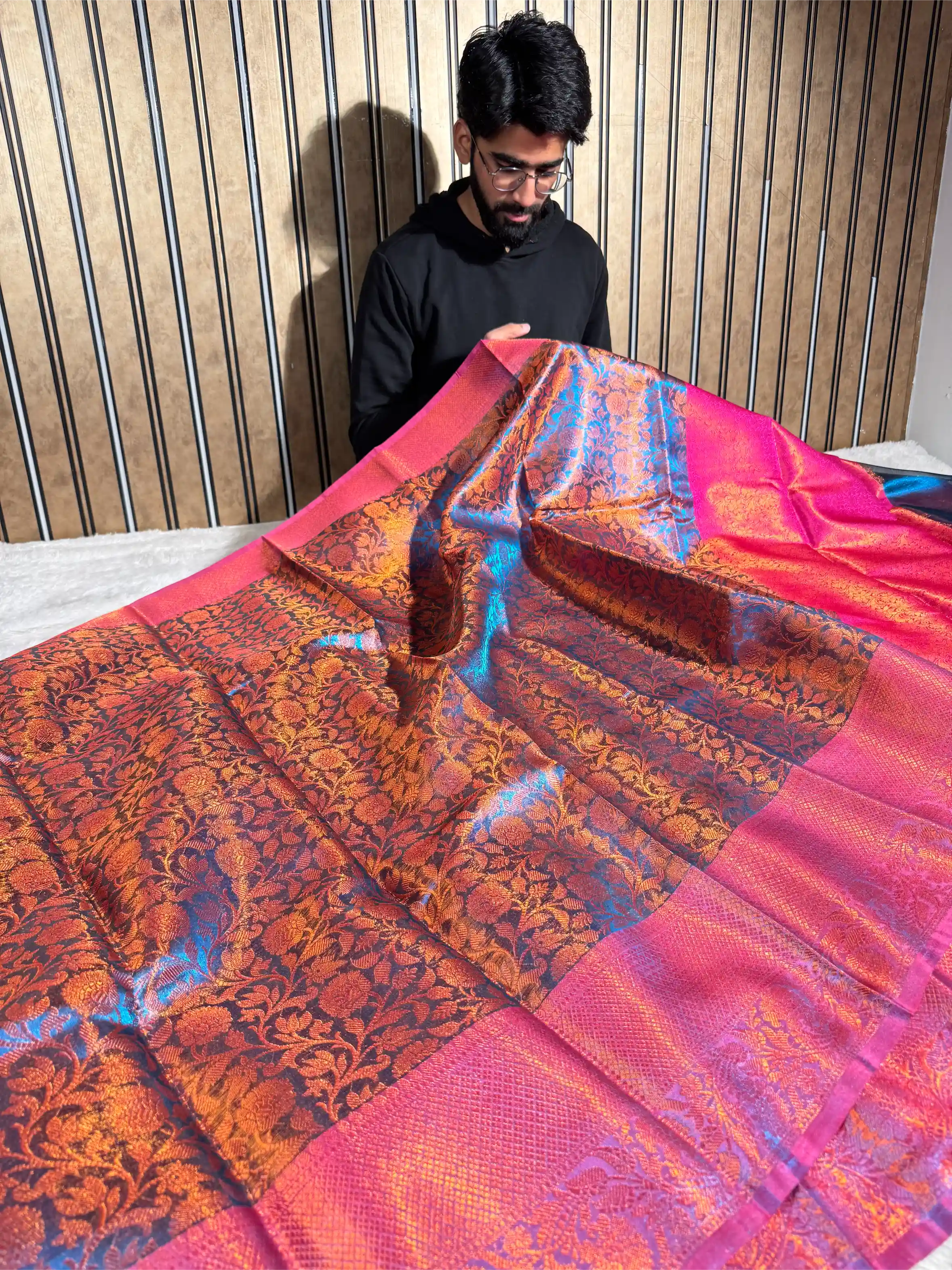 Metallic Blue Tissue Silk Floral Weave Banarasi Saree