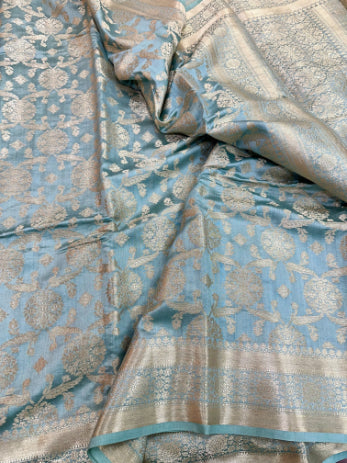 Sea Blue Pure Chiniya Silk Saree