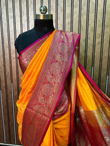 Yellow with Pink Contrast Satin Katan Silk Saree