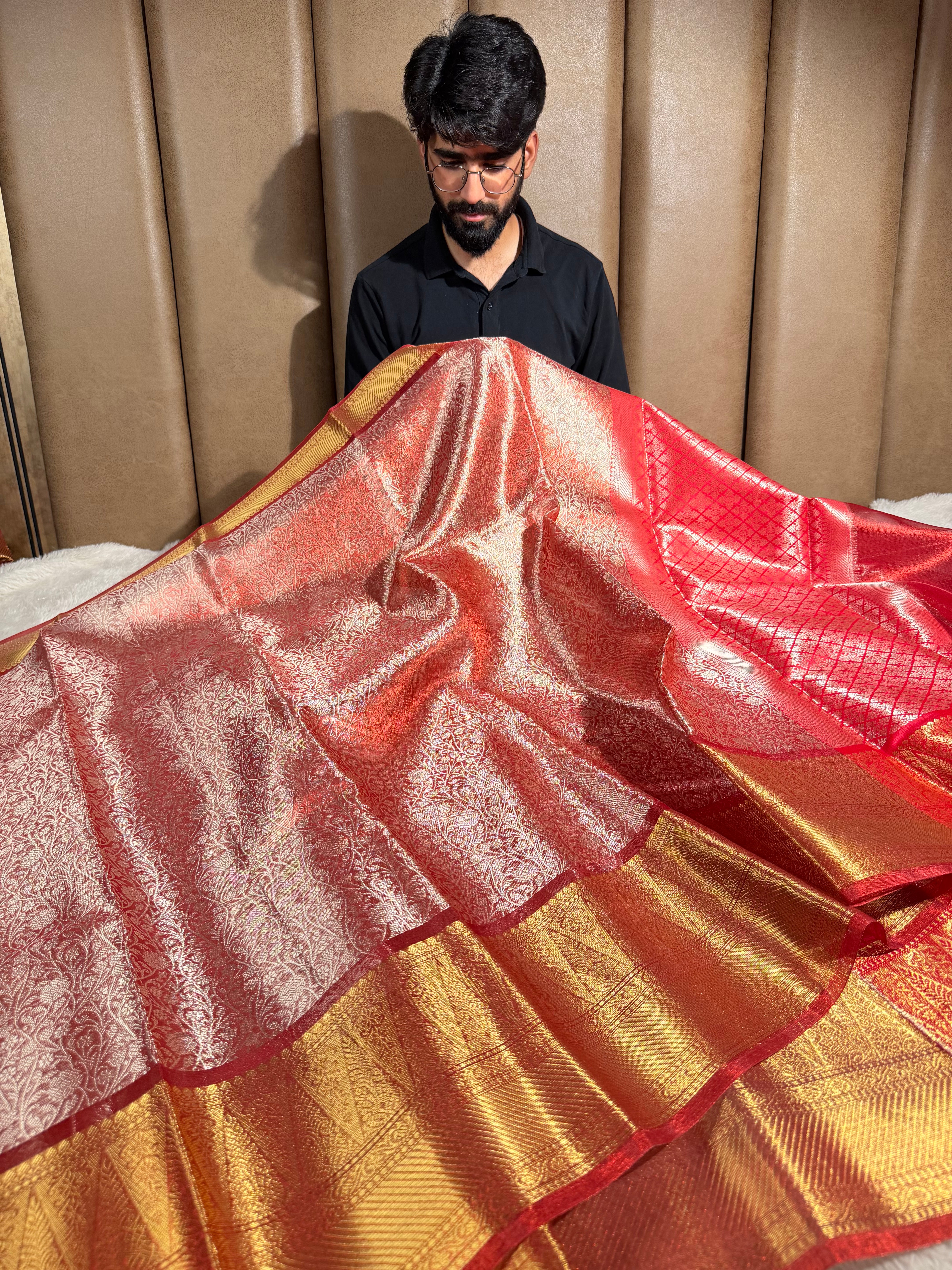 Dual Shaded Red Kanjivaram Embossed Tissue Saree