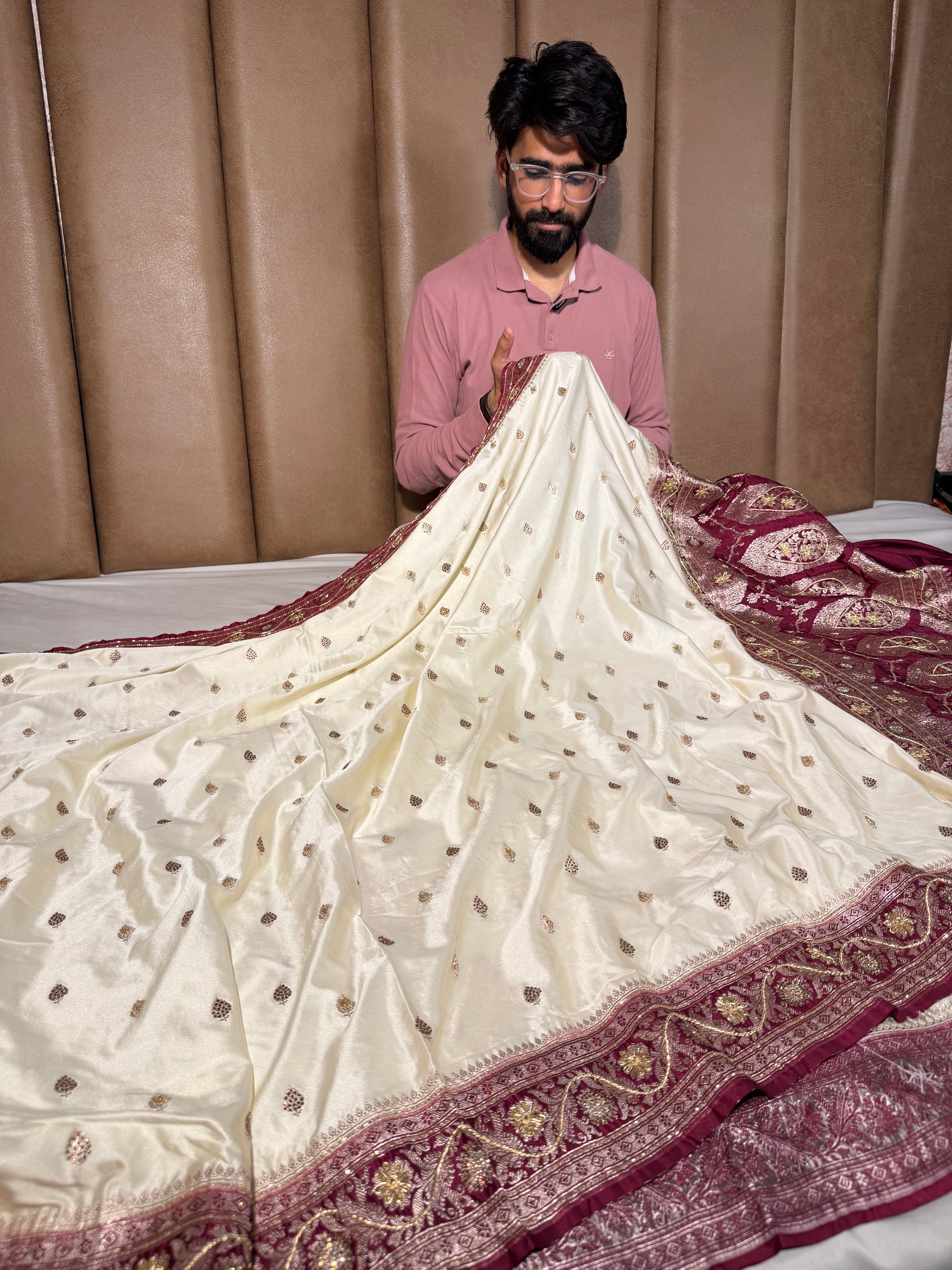 Off White Mashru Katan Silk Handwork Banarasi Saree