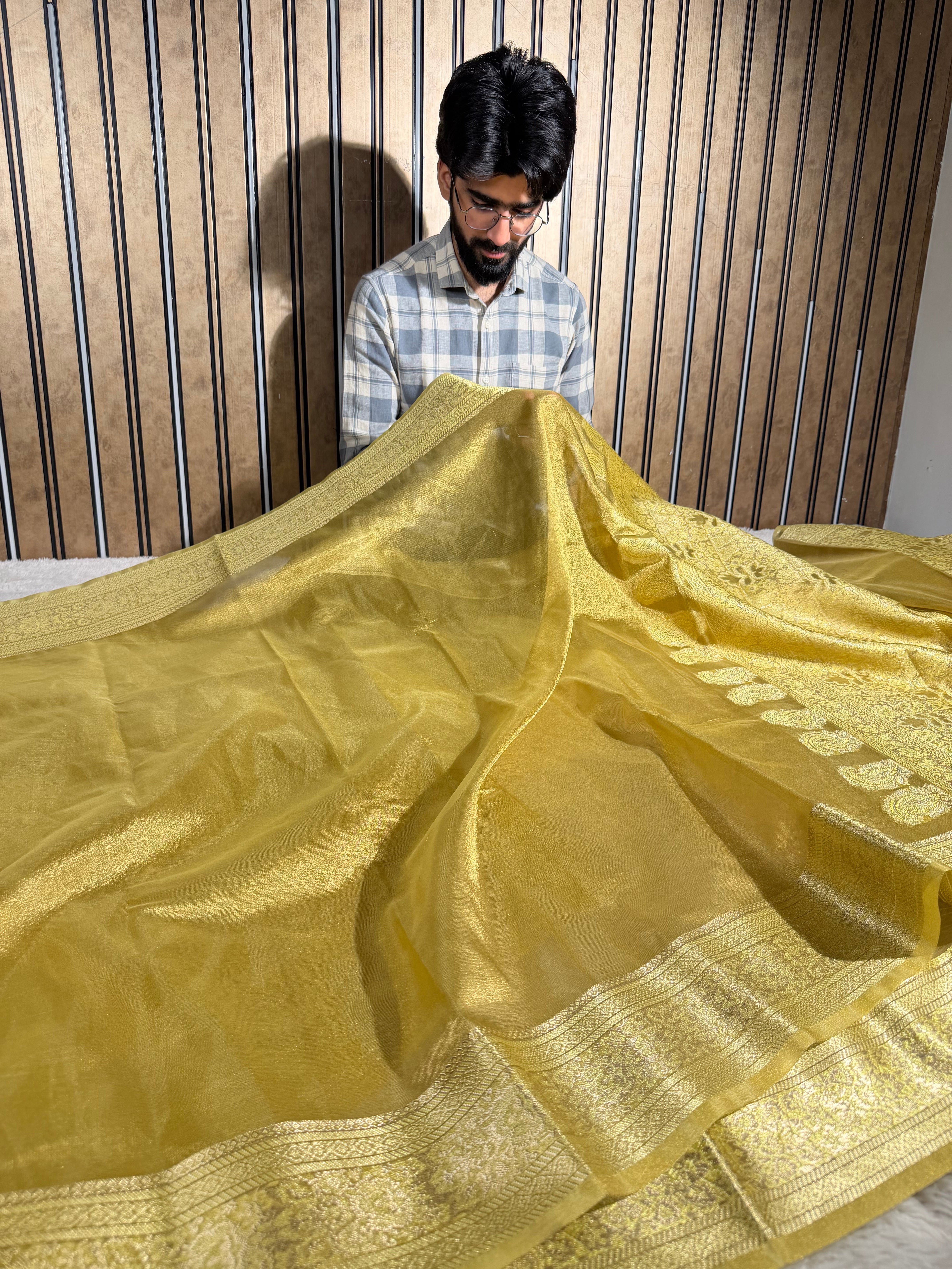 Dhoop Chaon Mustard Gold Soft Tissue Silk Banarasi Saree