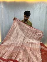 Orangish Red Shade Glass Tissue Silk Banarasi Saree