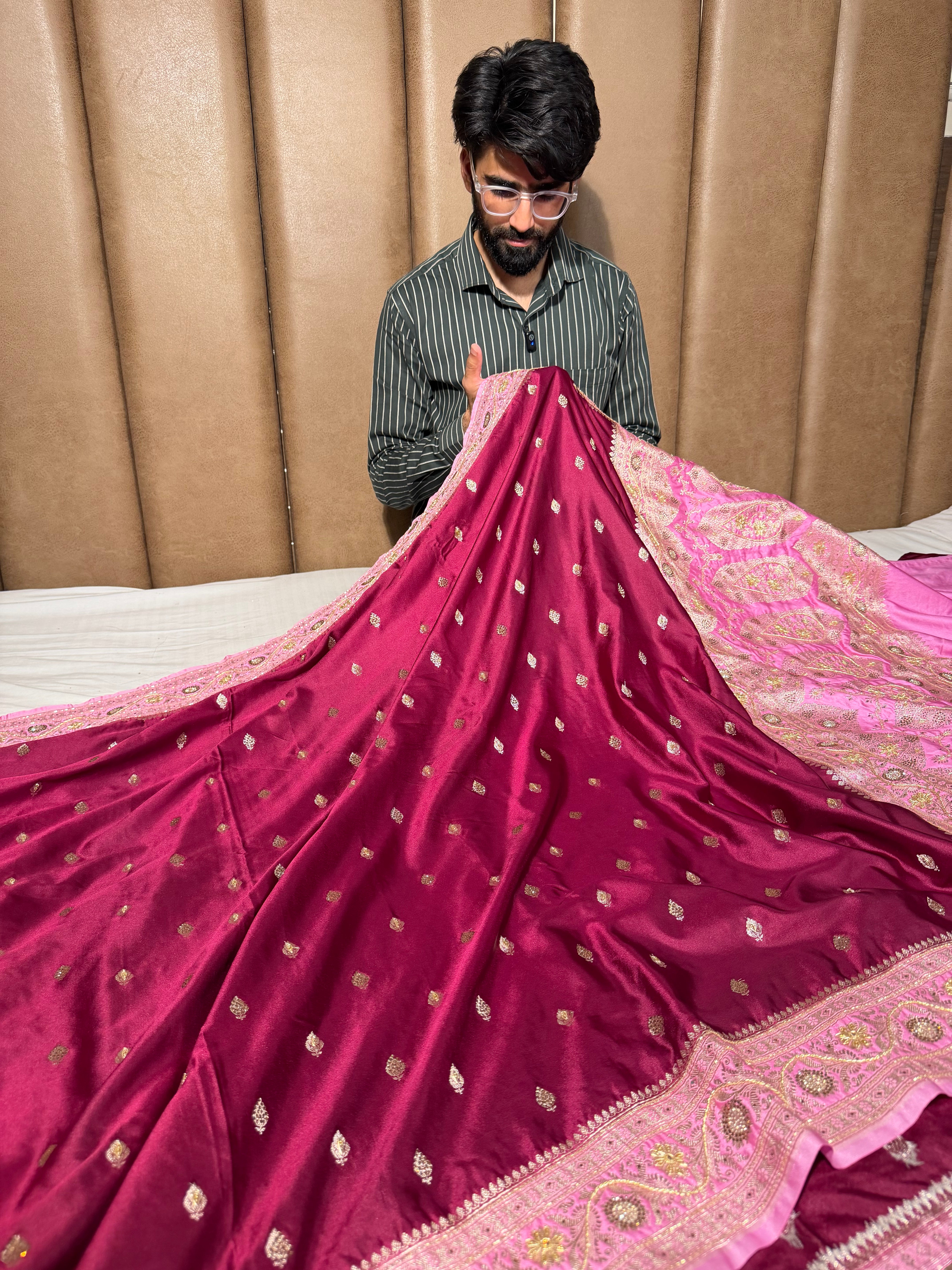 Maroon Pink Mashru Katan Premium Handwork Saree