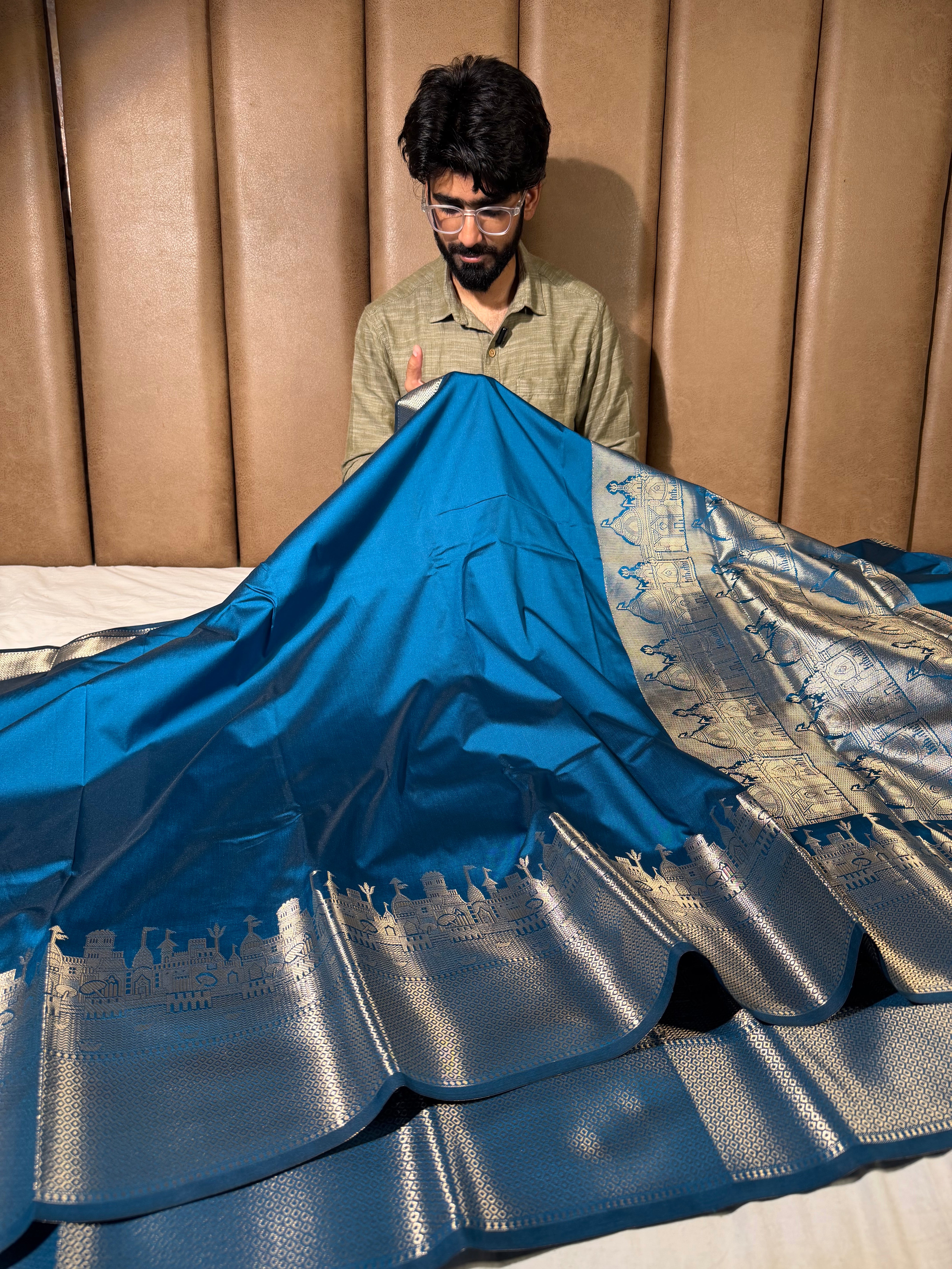 Light Blue Ghats Border Softsilk Banarasi Saree