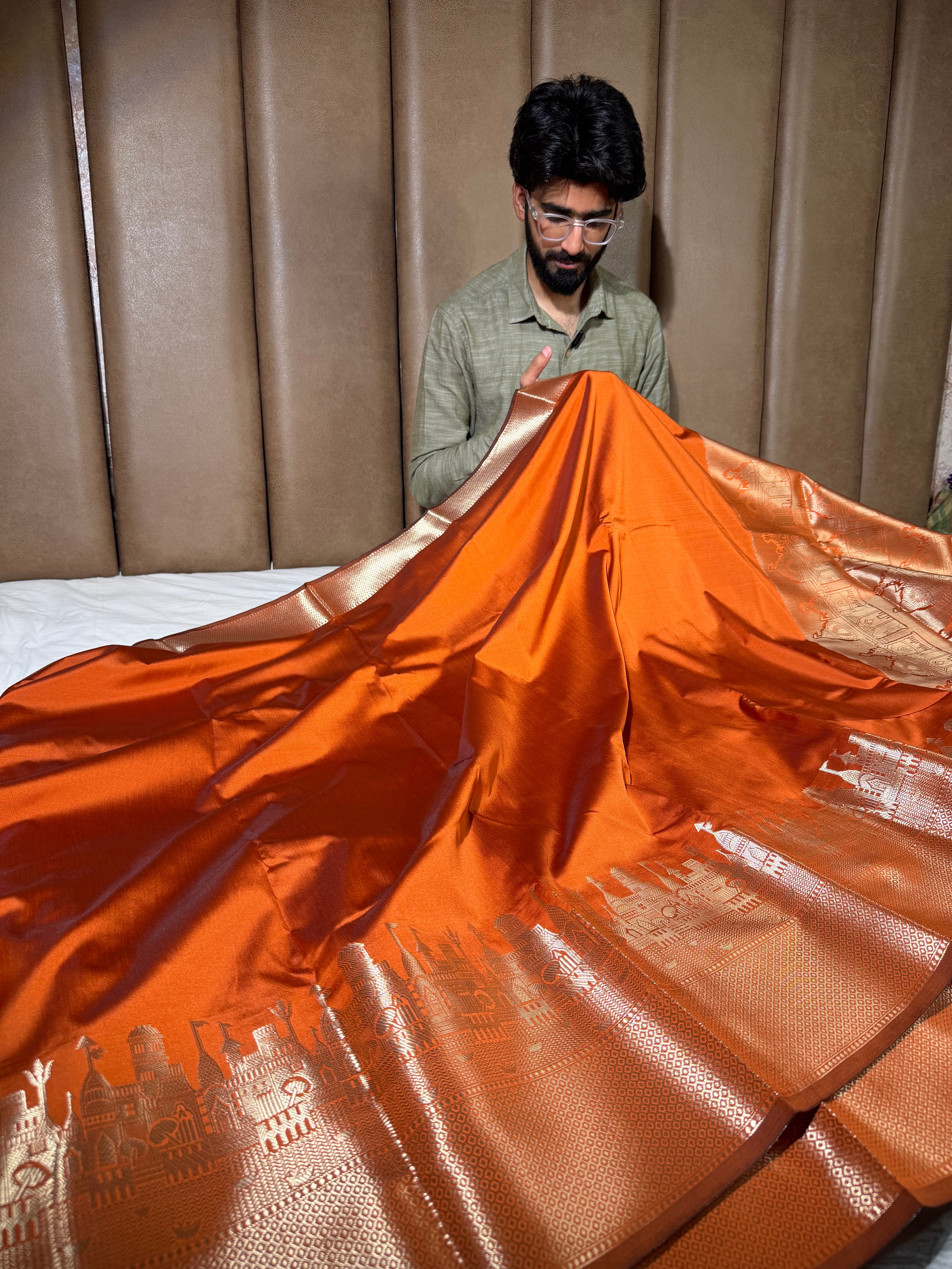 Rusted Orange Ghats Border Softsilk Banarasi Saree
