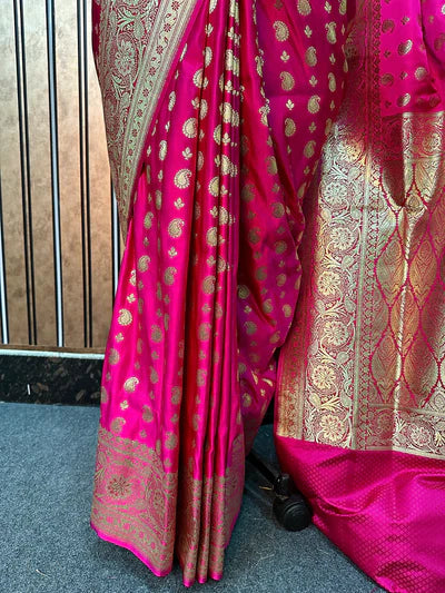 Bright Pink Satin Katan Silk Bridal Banarasi Saree