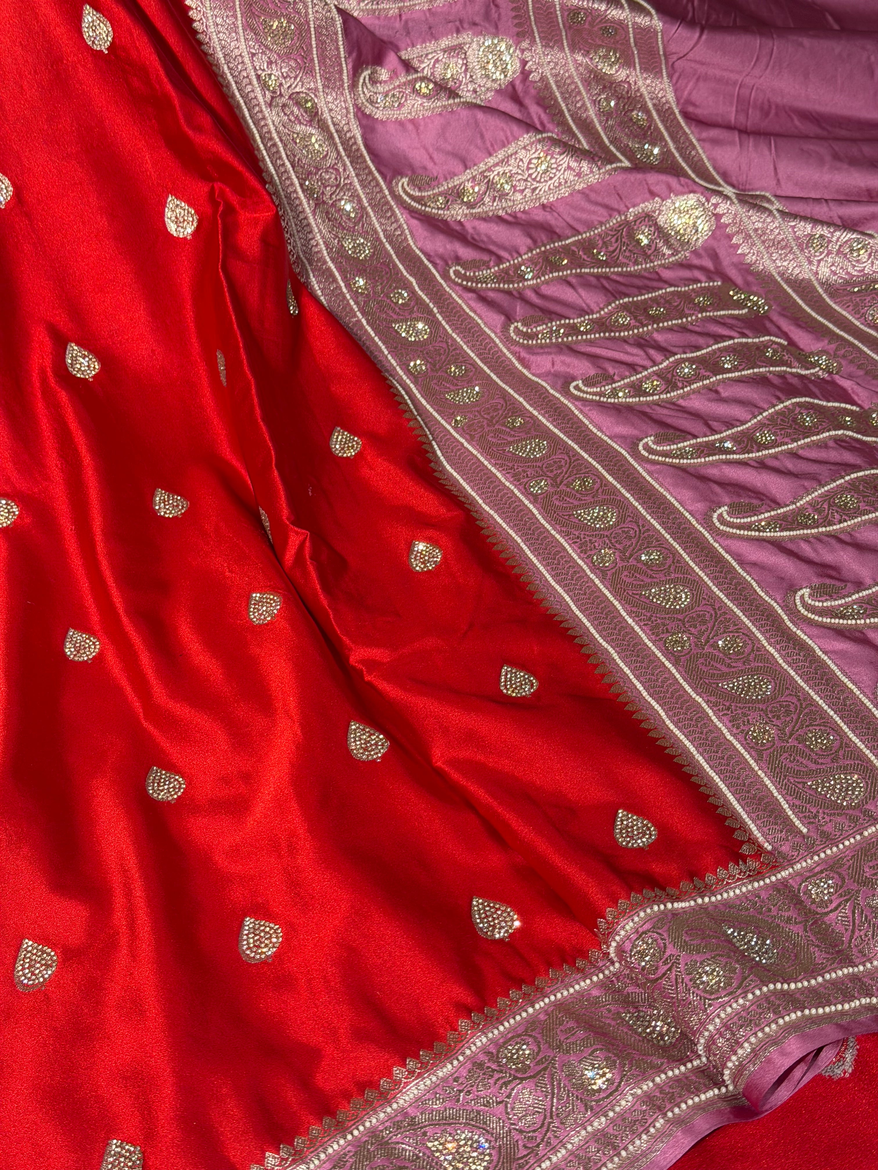 Orange Lilac Mashru Katan Premium Handwork Saree