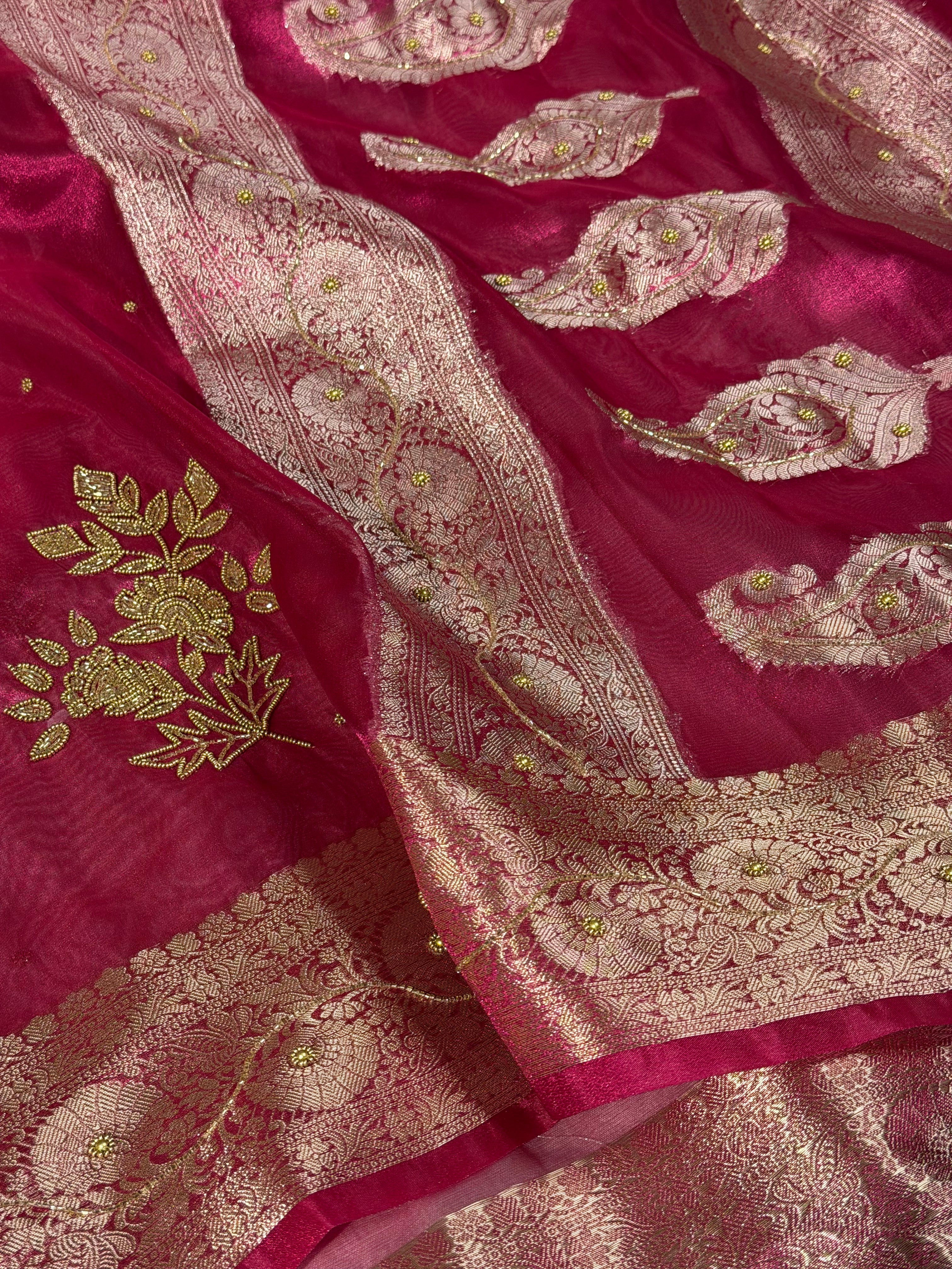 Rani Pink Kora Tissue Intricate Handwork Banarasi Saree