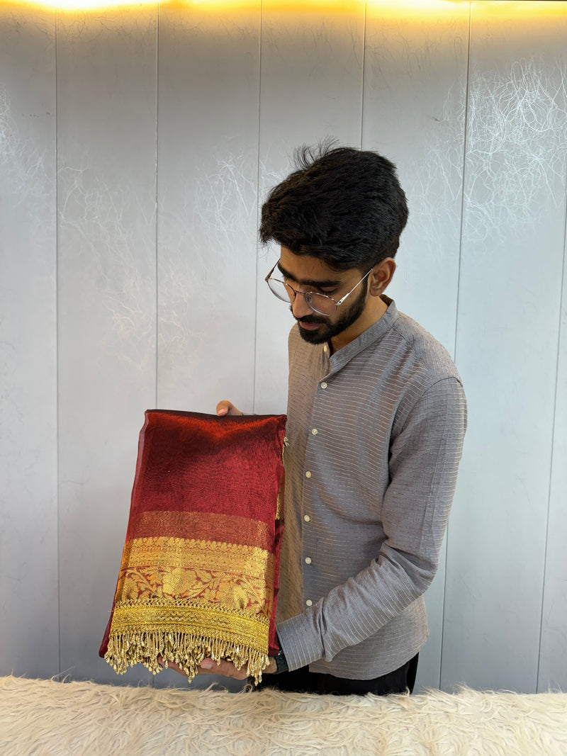 Carmine Red Maharani Tissue Silk Saree