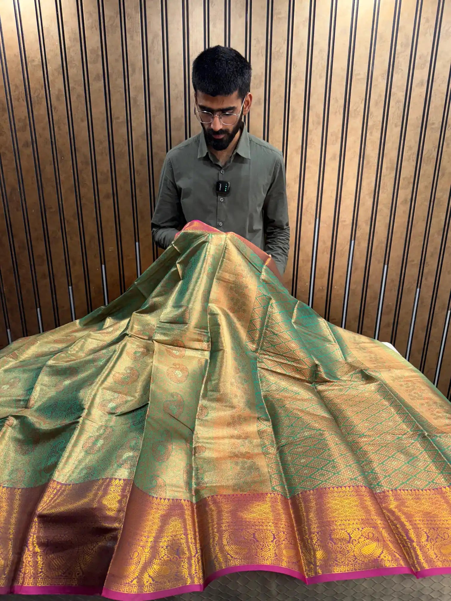 Metallic green kanjivaram bridal tissue saree
