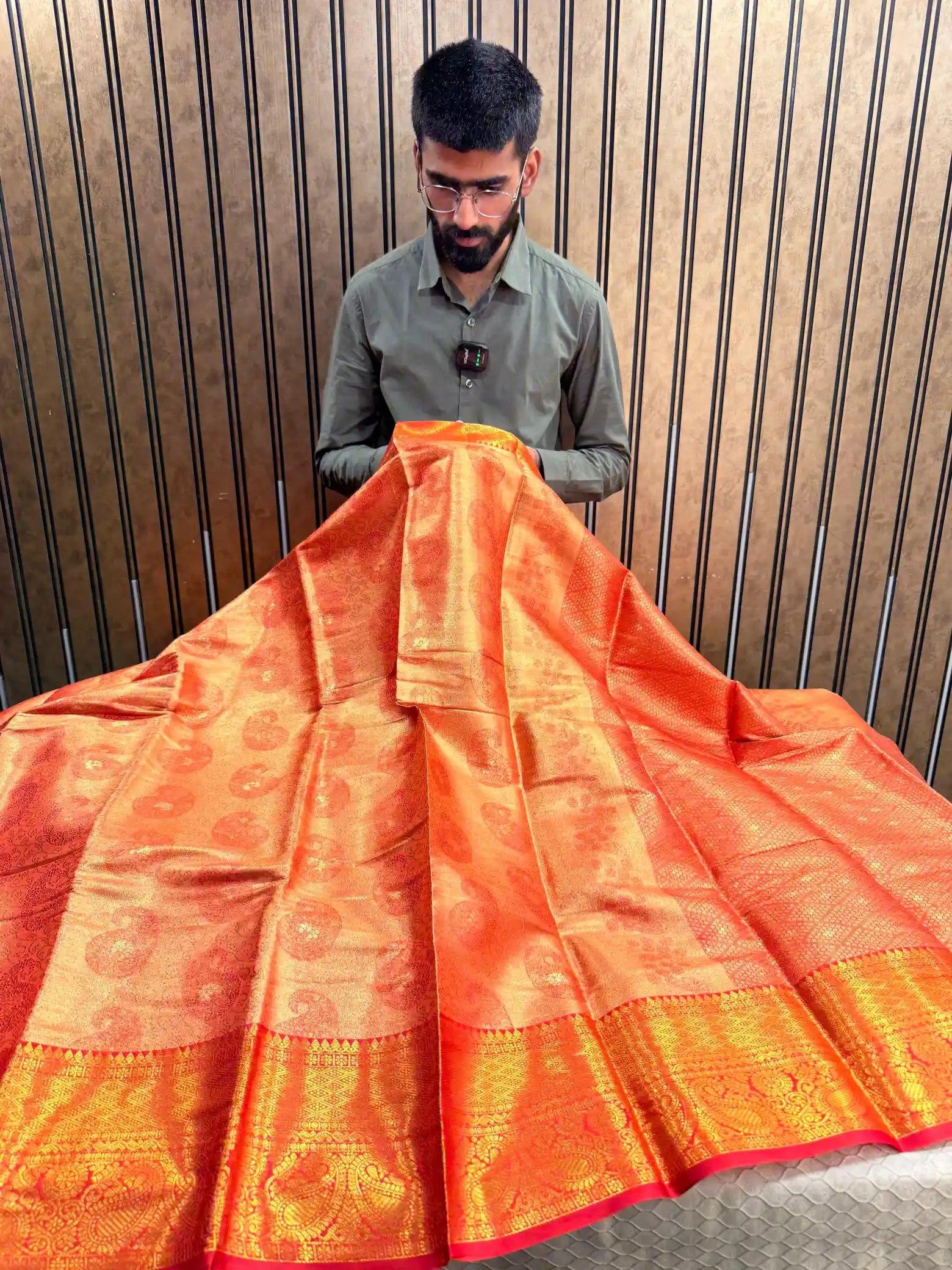 Bright orange kanjivaram tissue bridal saree