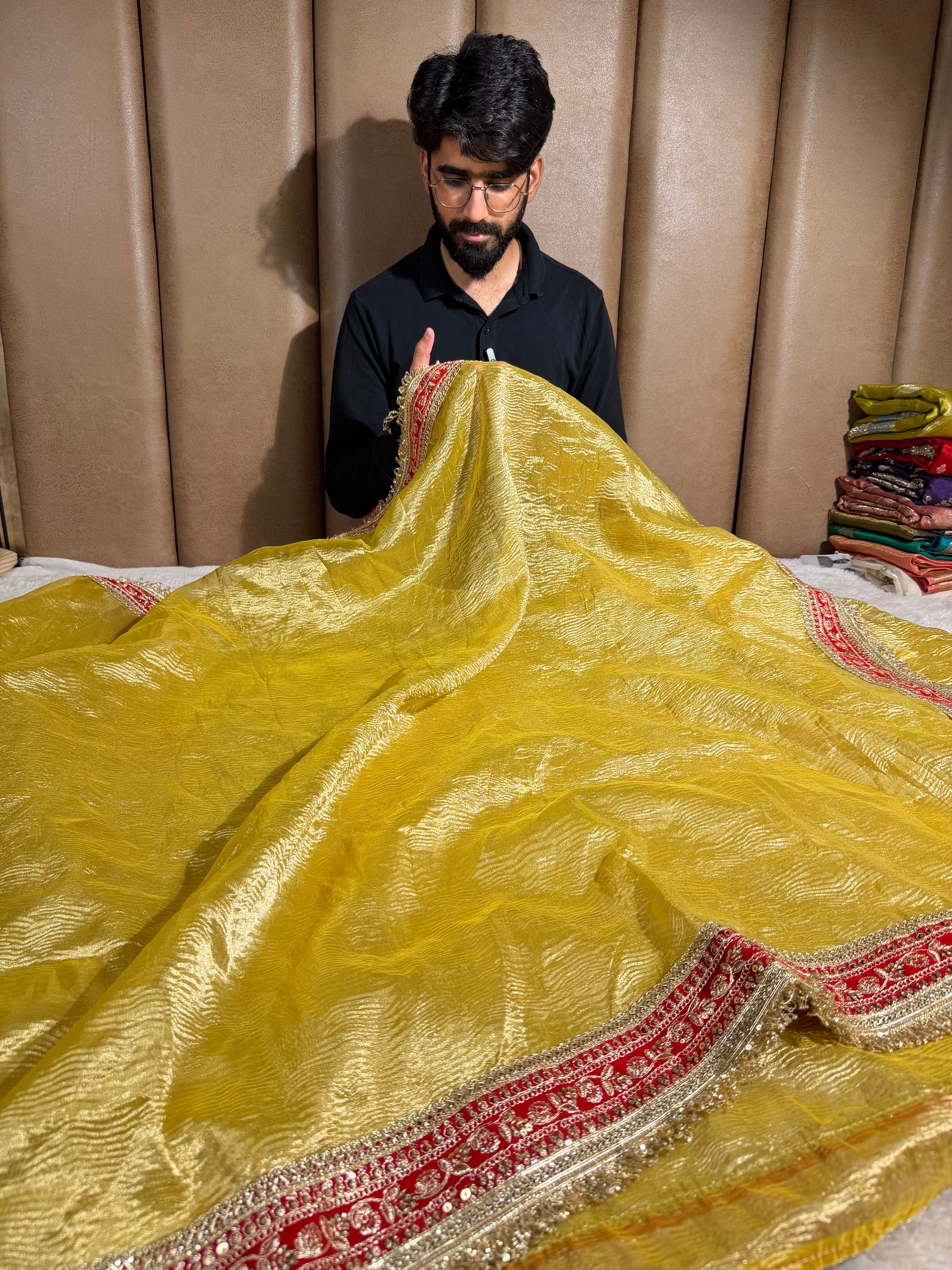 Light Gold Crushed Tissue Red Gota Banarasi Saree