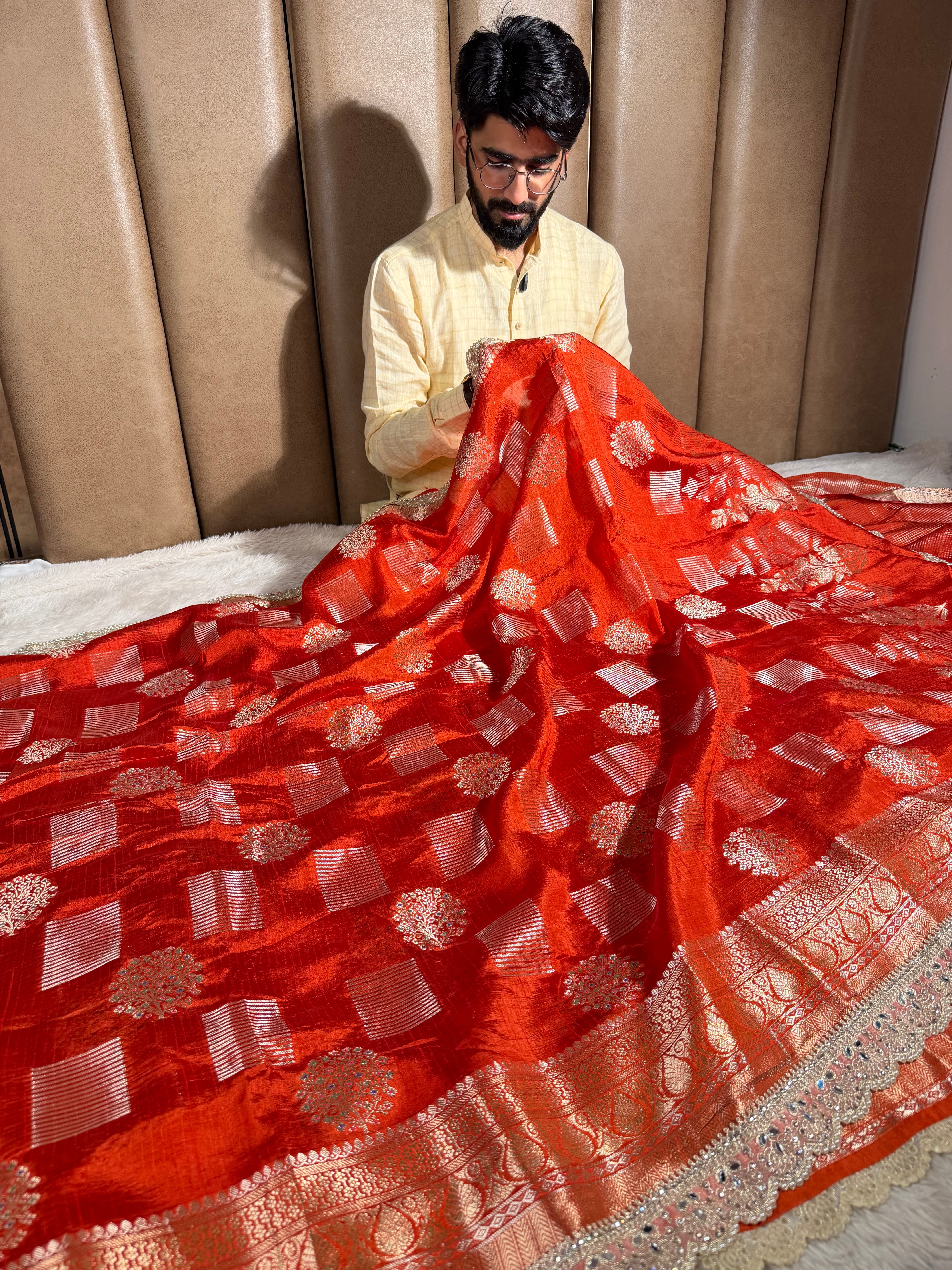 Bright Orange Dupion Silk Premium Designer Saree