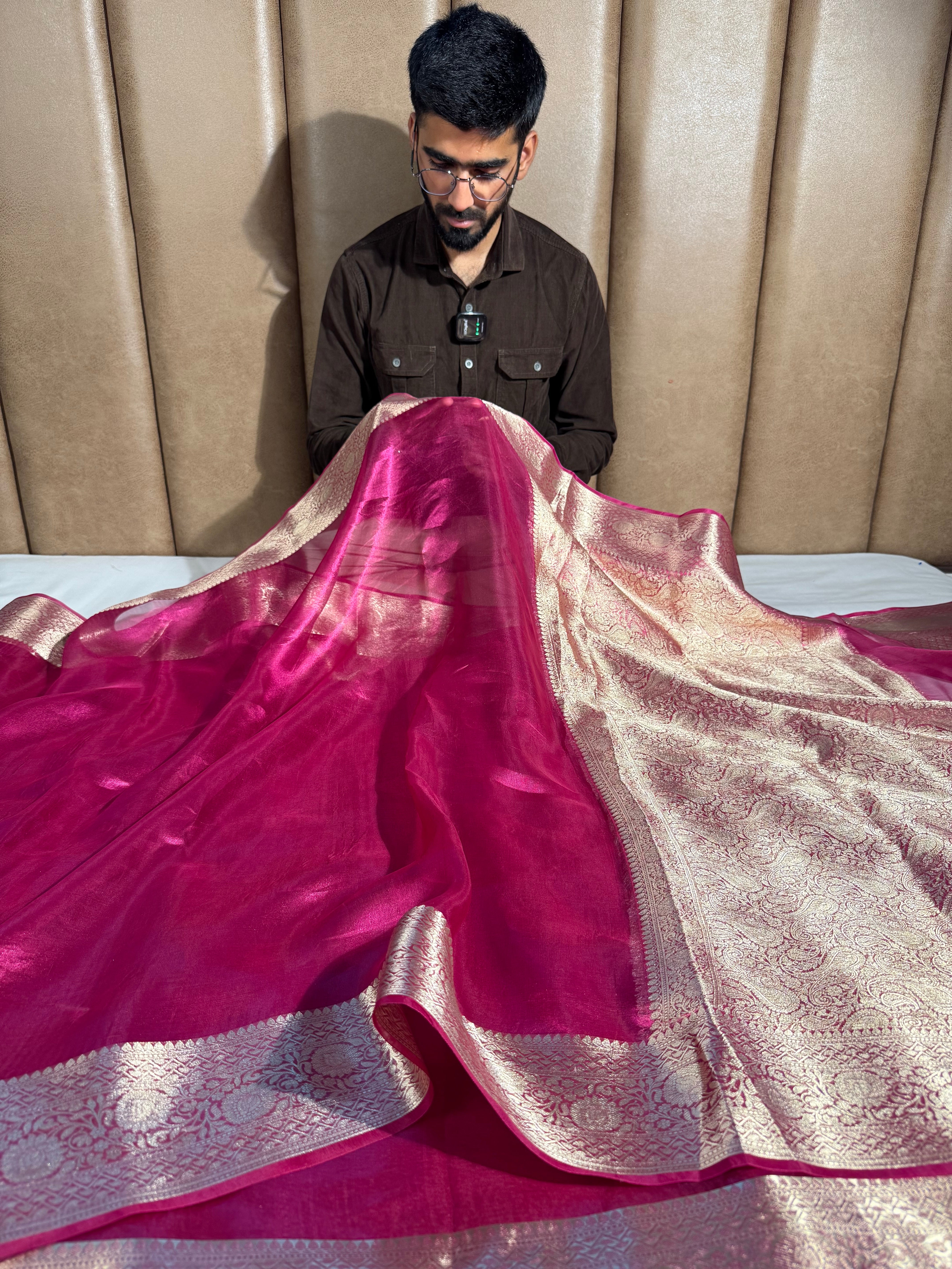 Metallic Rani Pink Pure Tissue Silk Border Saree