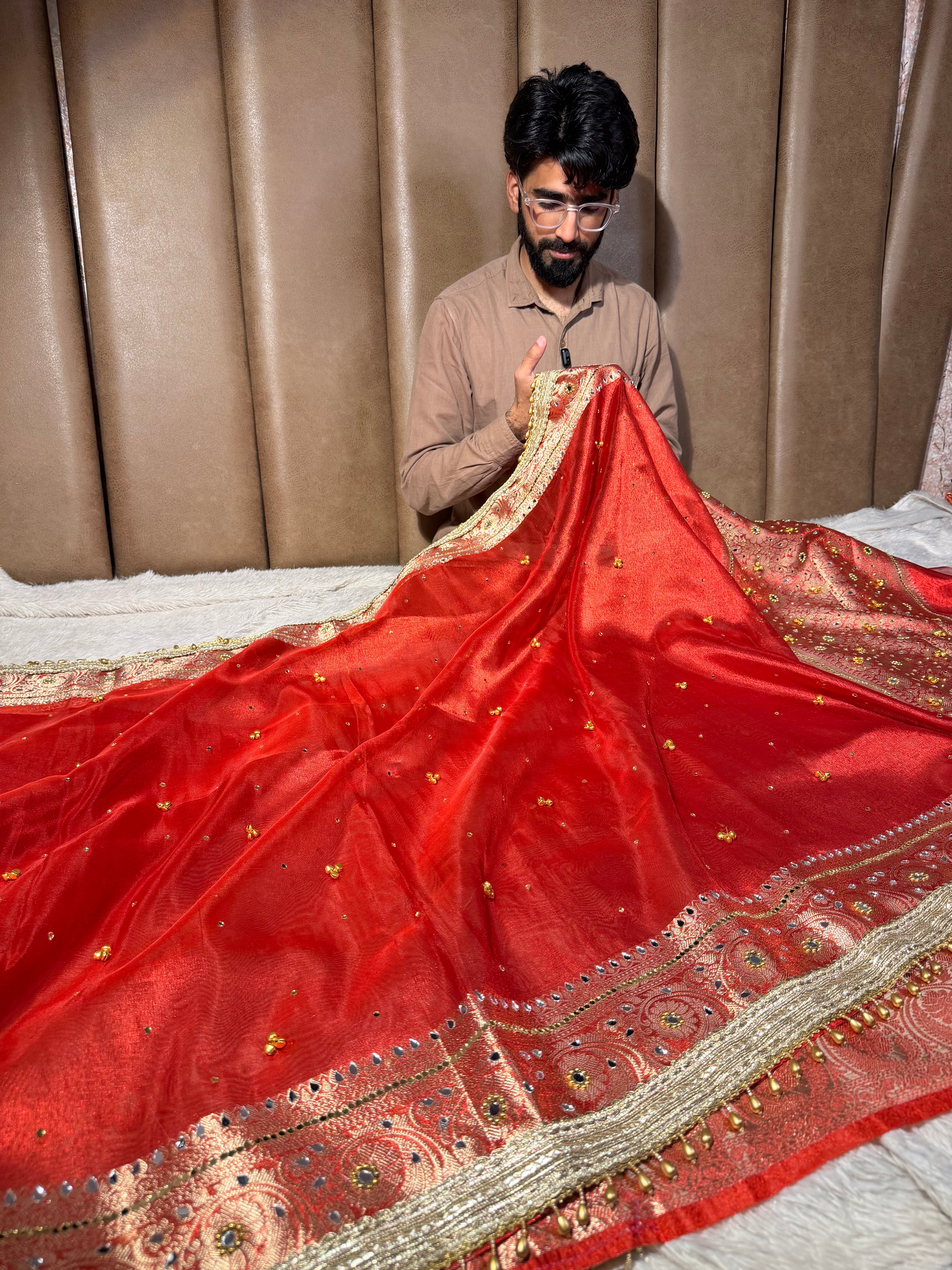 Carmine Red Kora Tissue Viral Ghungroo Saree