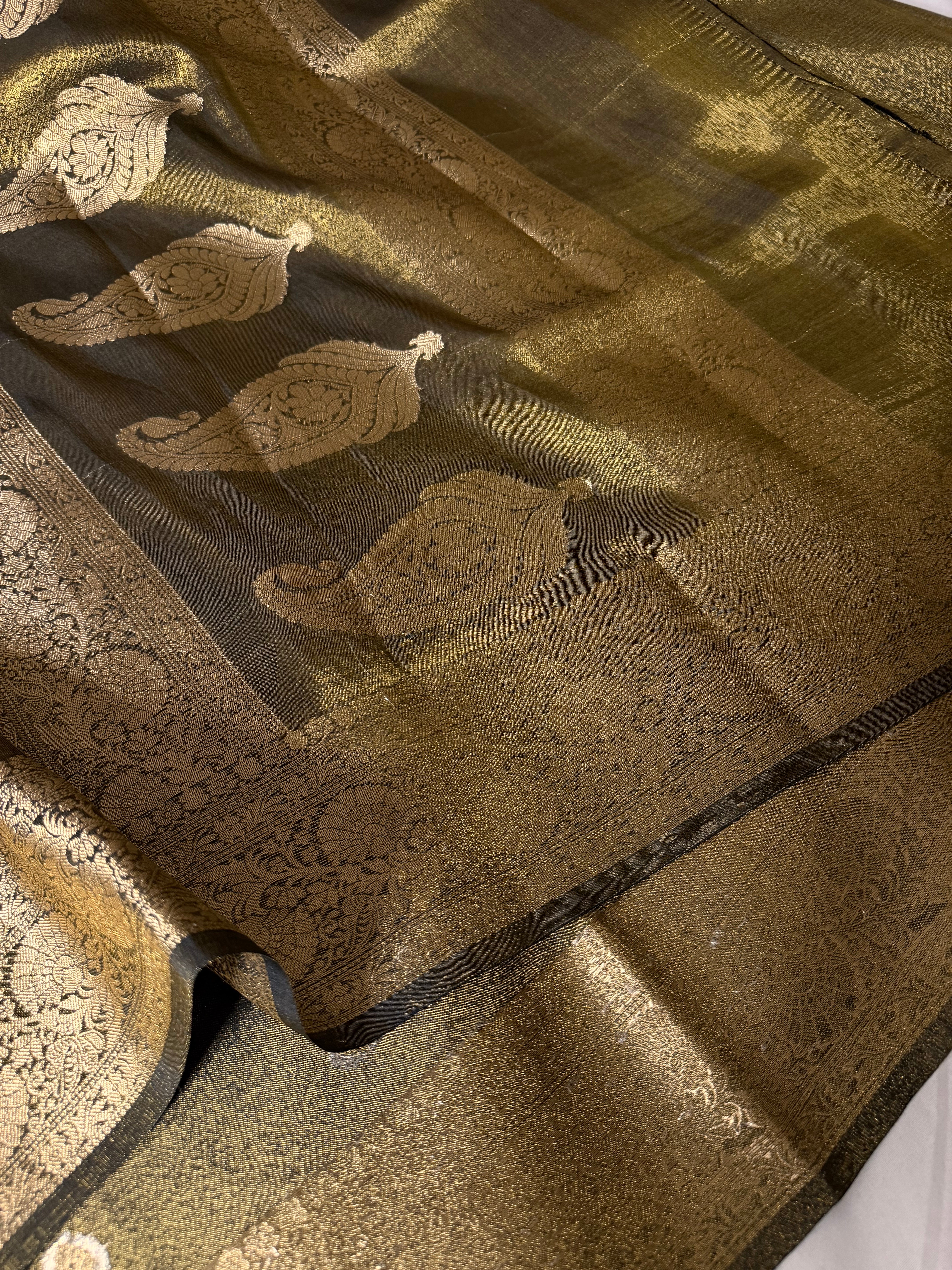 Ash Brown Premium Katan Tissue Banarasi Saree