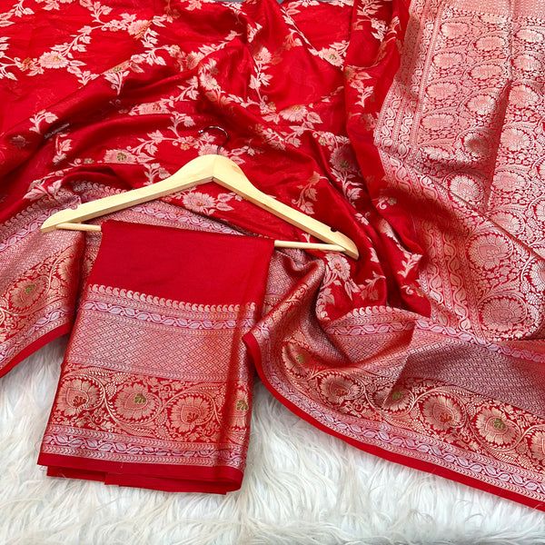 Bright Red Chinia Silk Banarasi Saree