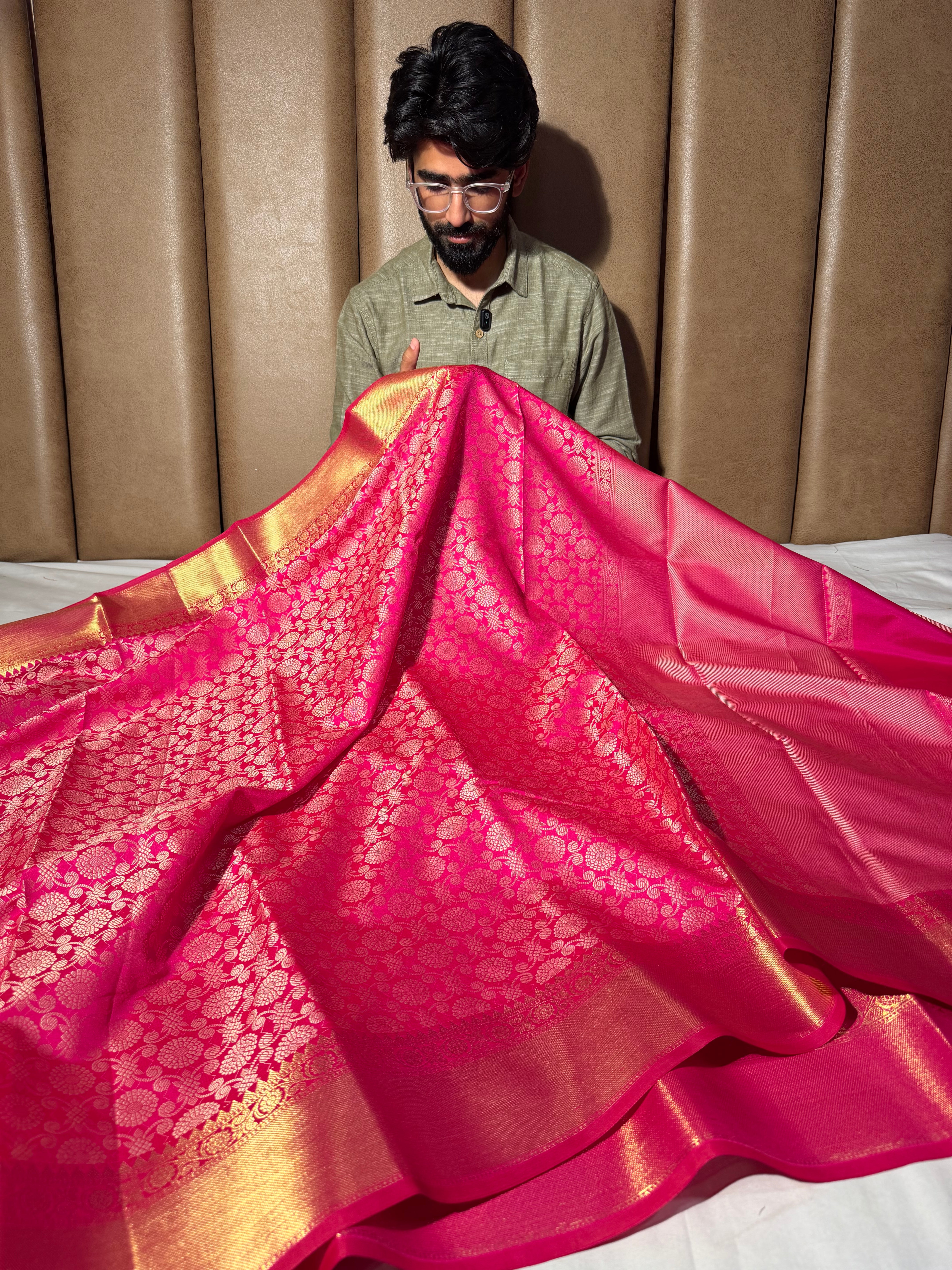 Rani Pink Embossed Softsilk Banarasi Saree