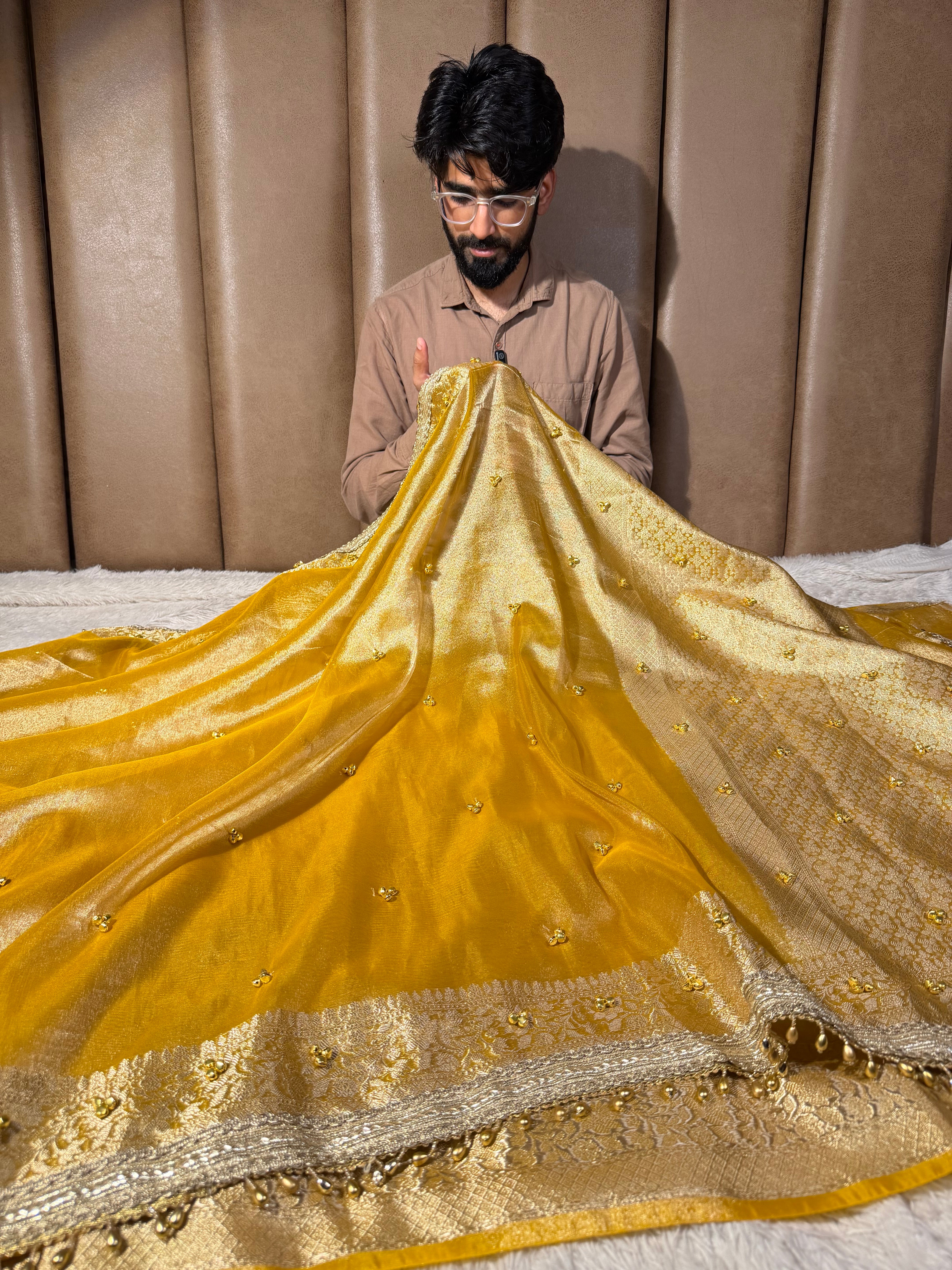 Metallic Yellow Kora Tissue Viral Ghungroo Saree