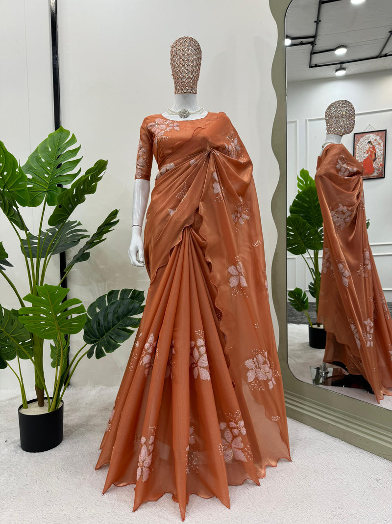 Orange Shade Shimmery Tissue Silk Saree