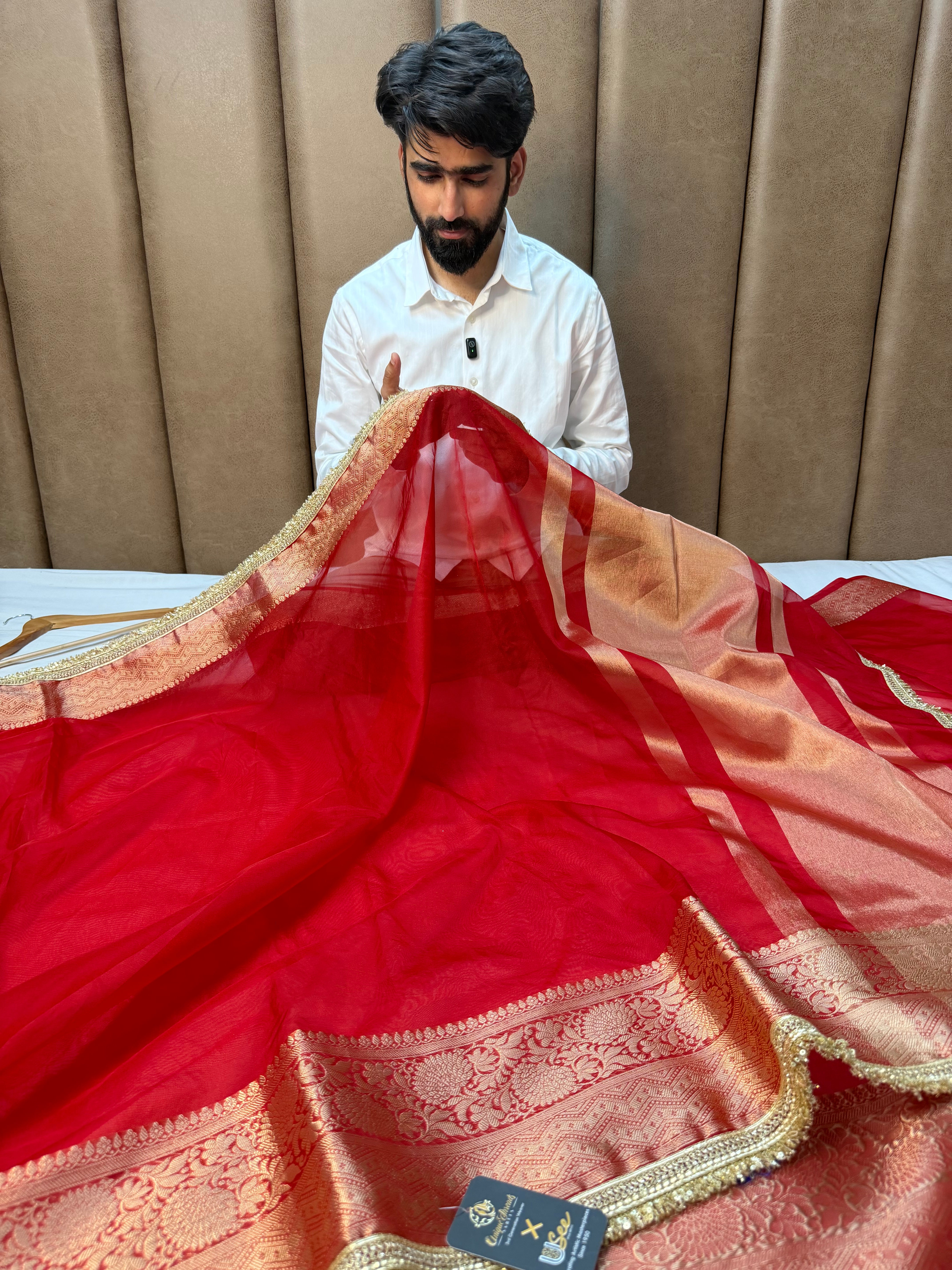 Bright Red Shade Organza Silk Designer Saree