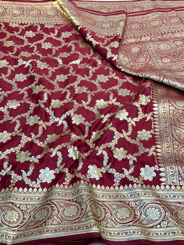 Light Maroon Satin Katan Silk Floral Jaal Banarasi Saree