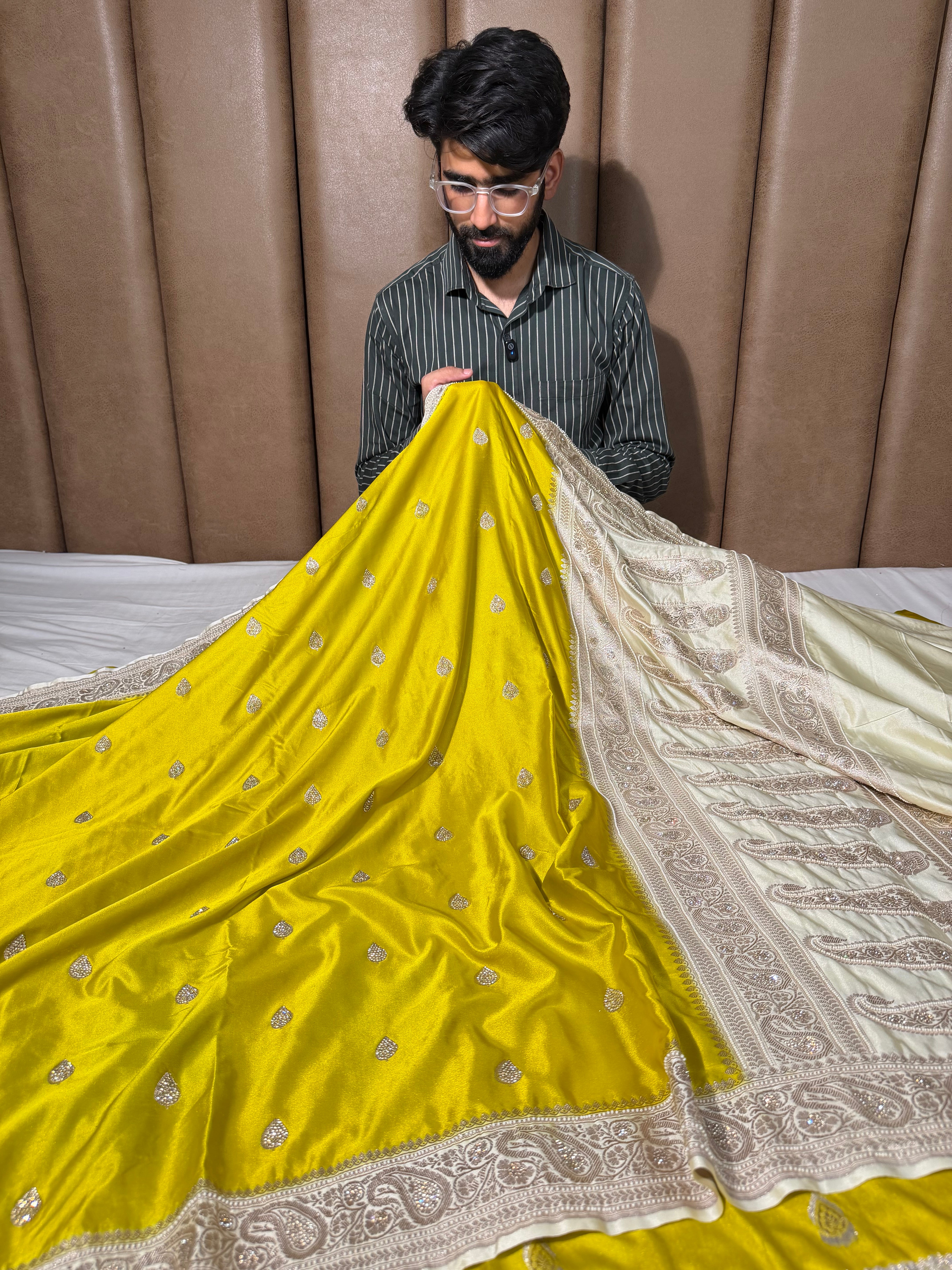 Mehendi Green Mashru Katan Premium Handwork Saree