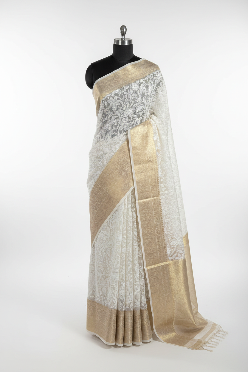 White Organza Banarasi Chikankari Saree
