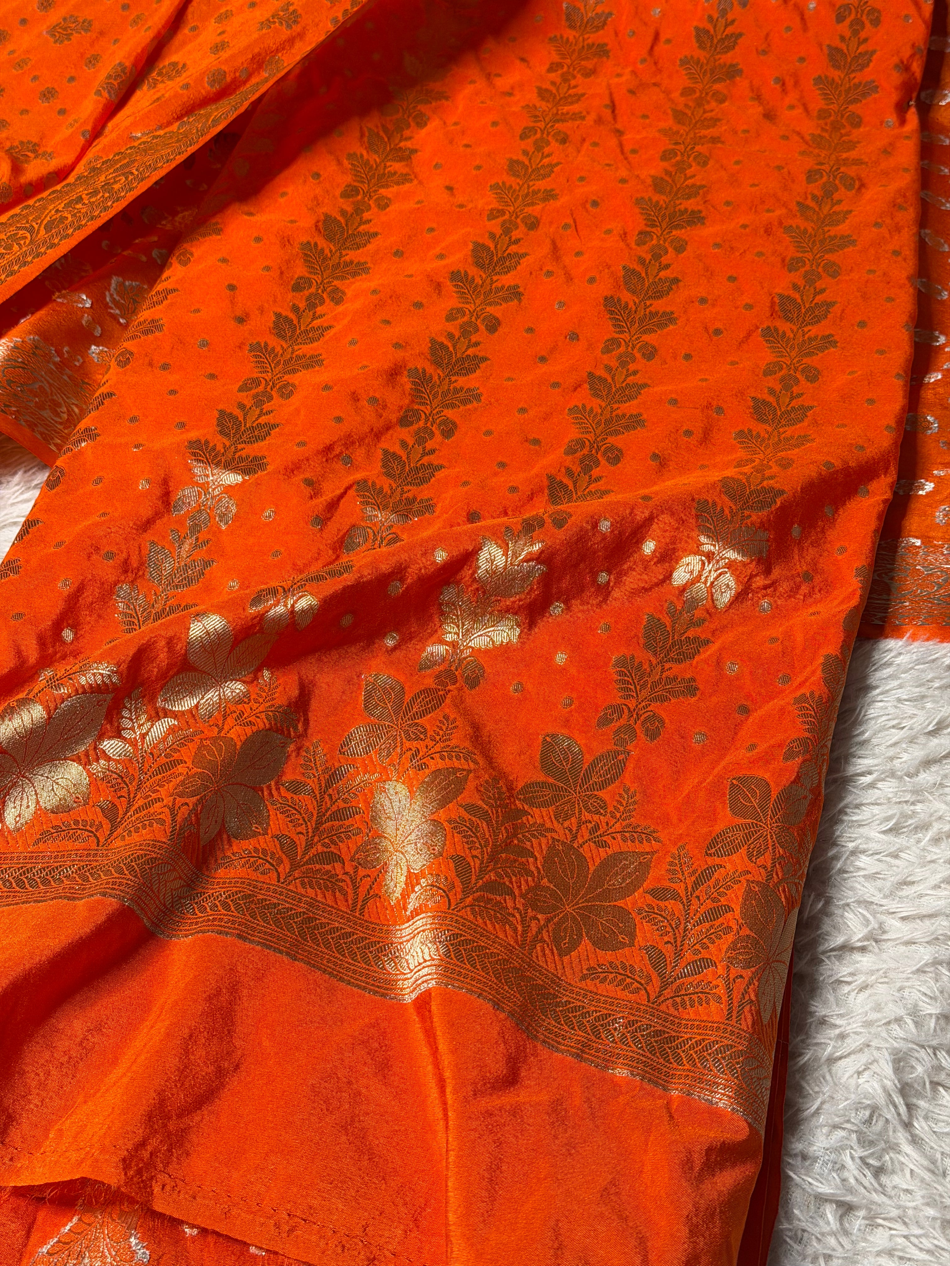 Bright oange chinia silk 3 pcs banarasi suit