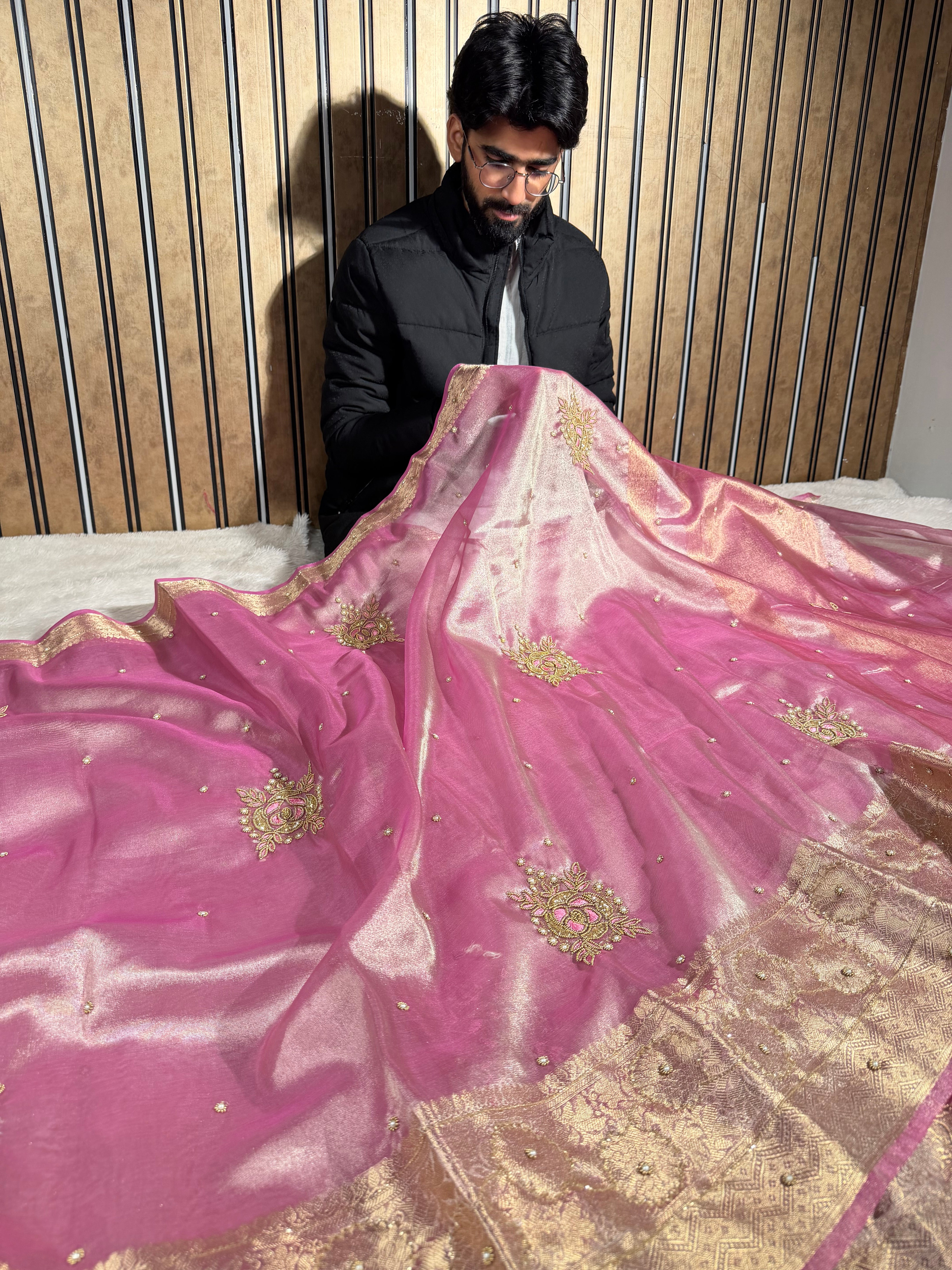 Preety Pink Tissue Silk Premium Handwork Banarasi Saree