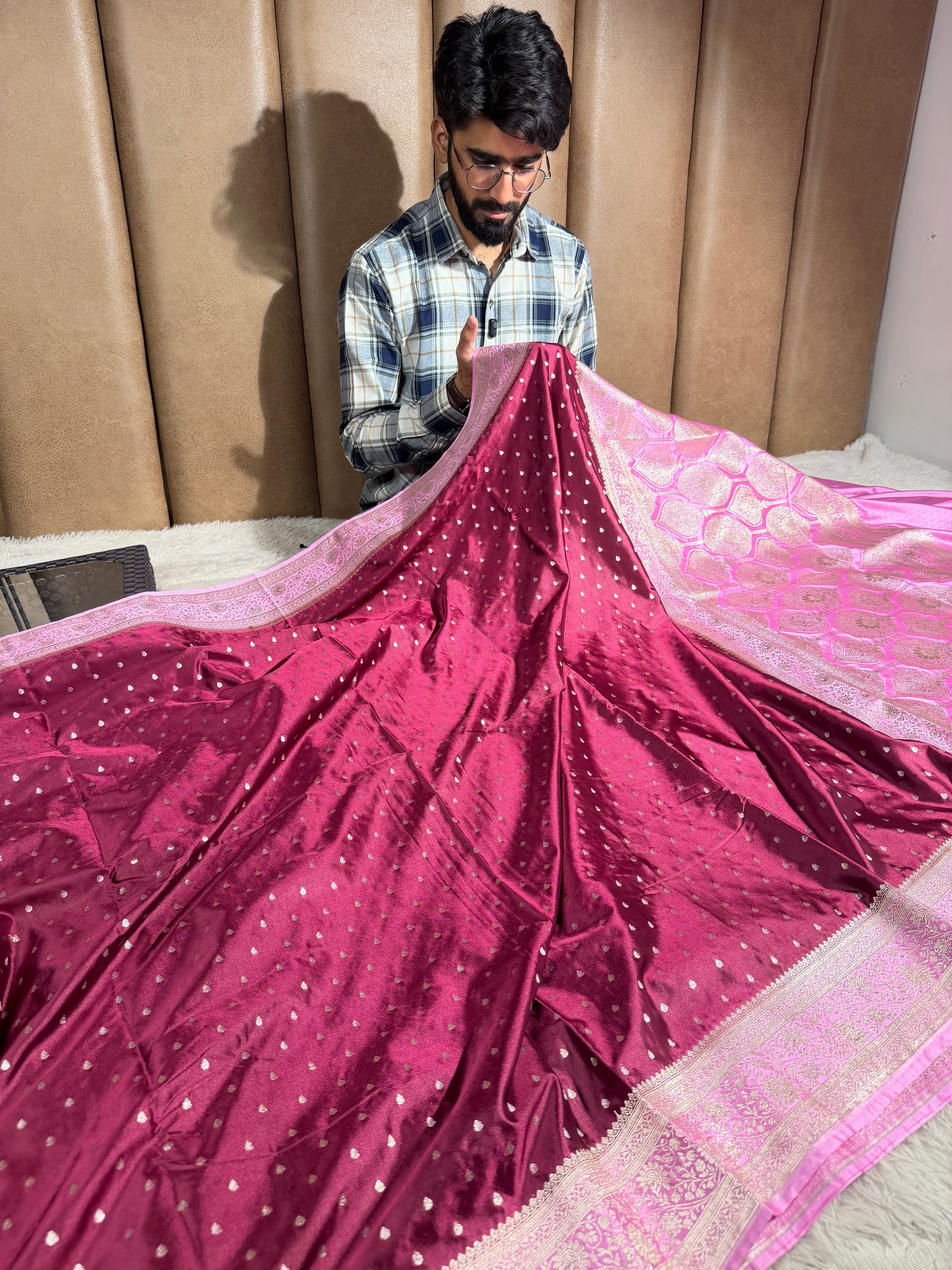 Wine-Pink  Mashru Katan Silk Zari Buti Weave Banarasi Saree