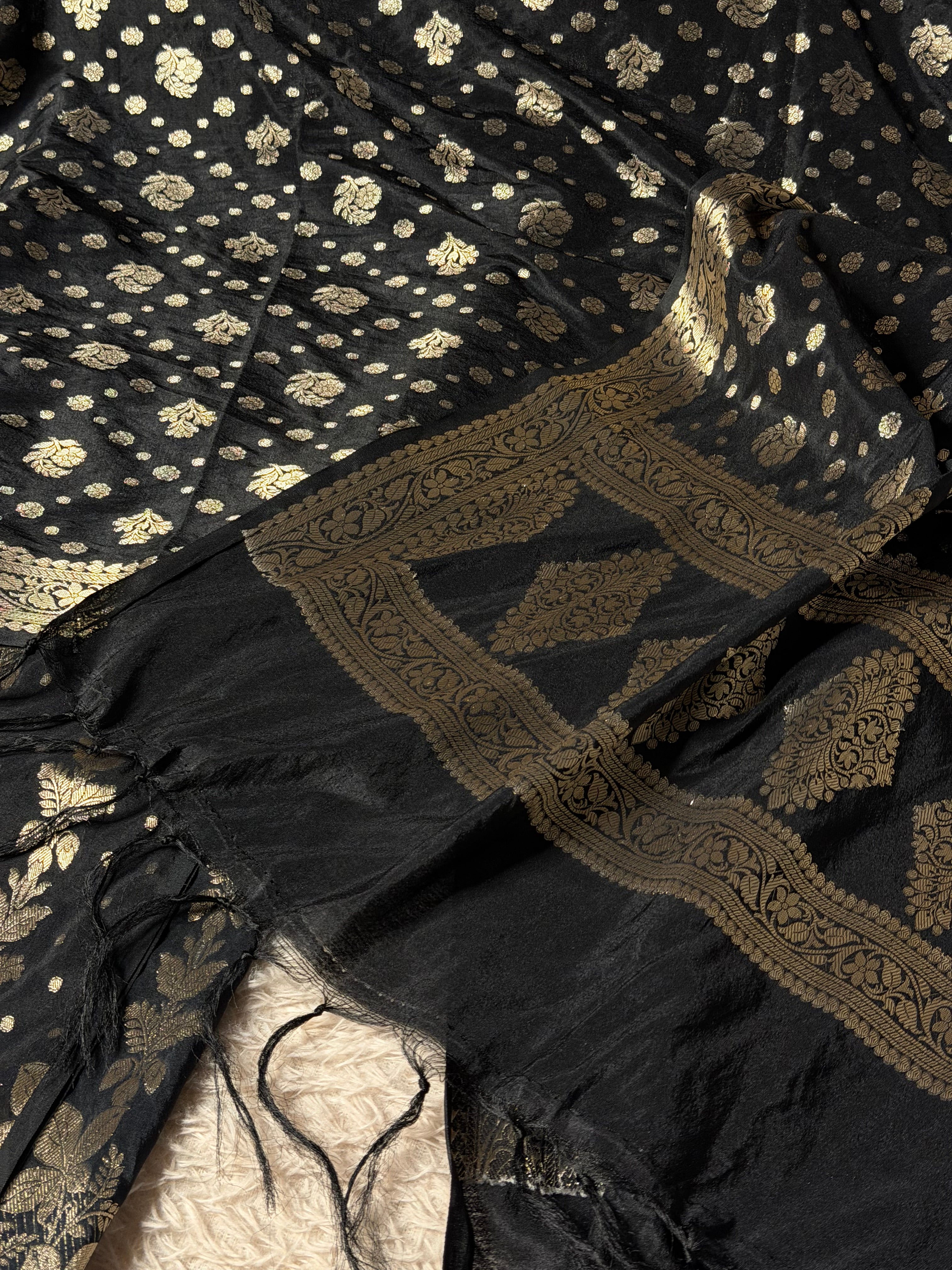 Jet black chinia silk 3 pcs banarasi suit