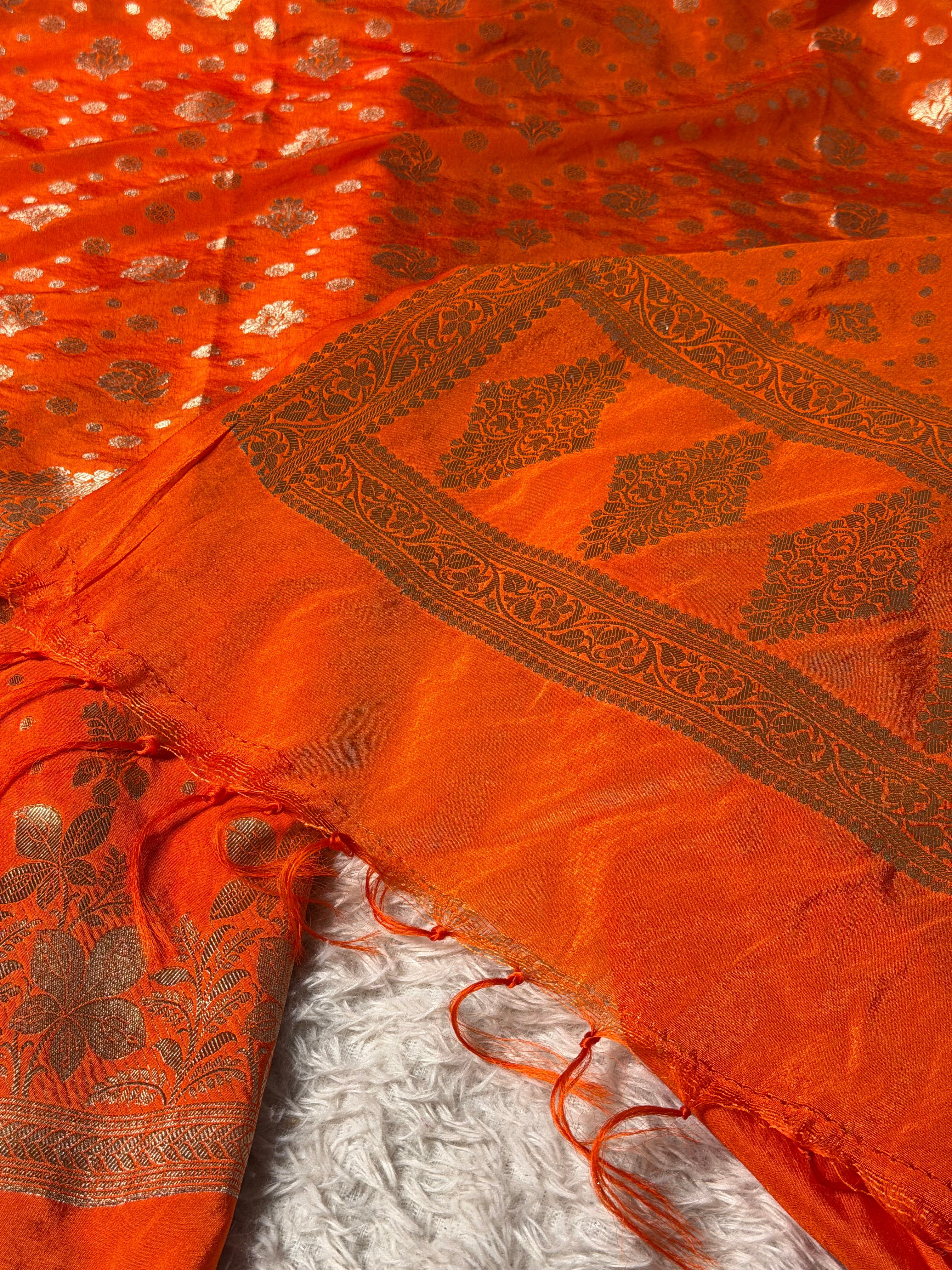 Bright oange chinia silk 3 pcs banarasi suit