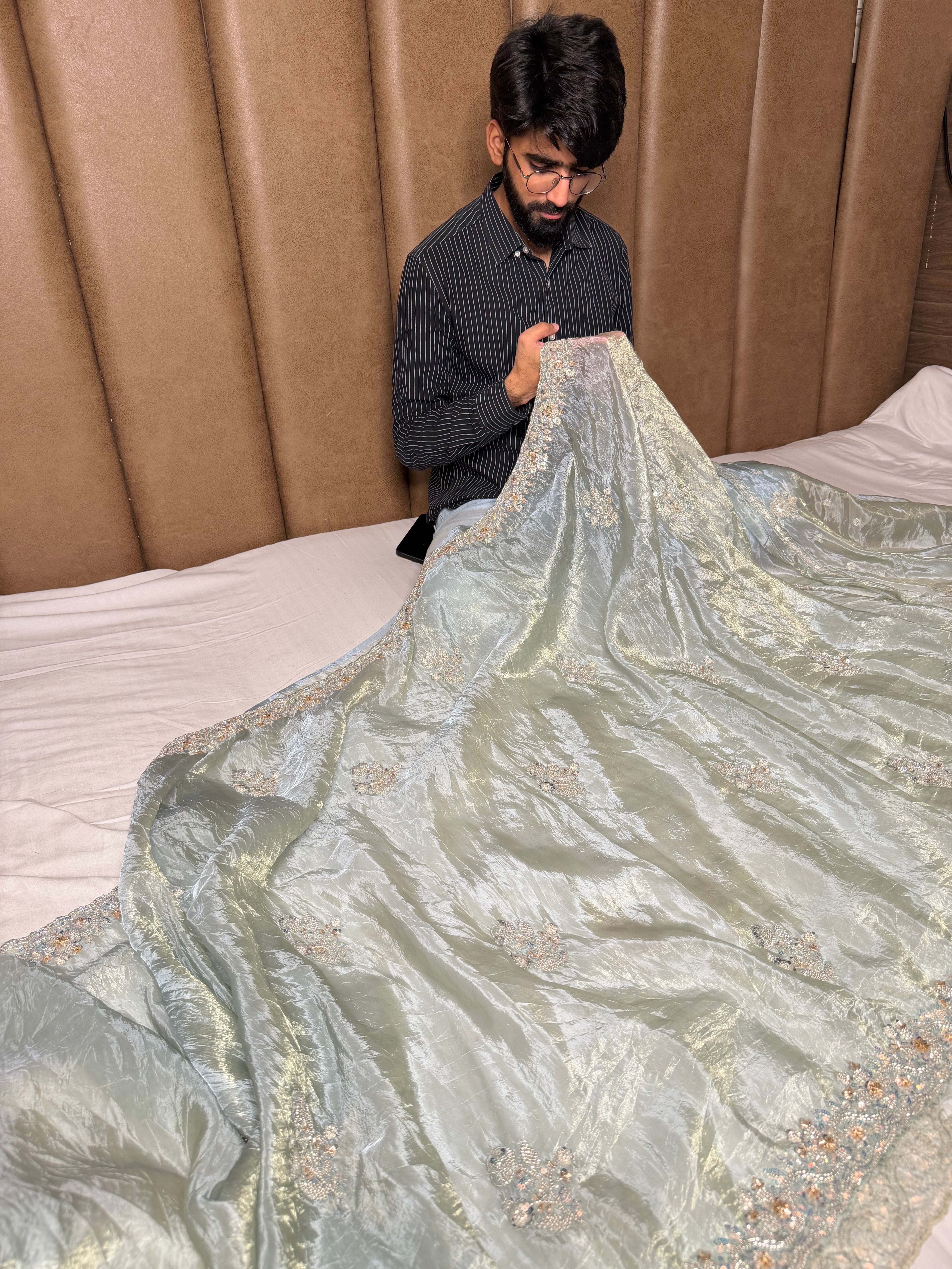 Subtle Metallic Sea Green Shimmery Tissue Silk Designer Saree