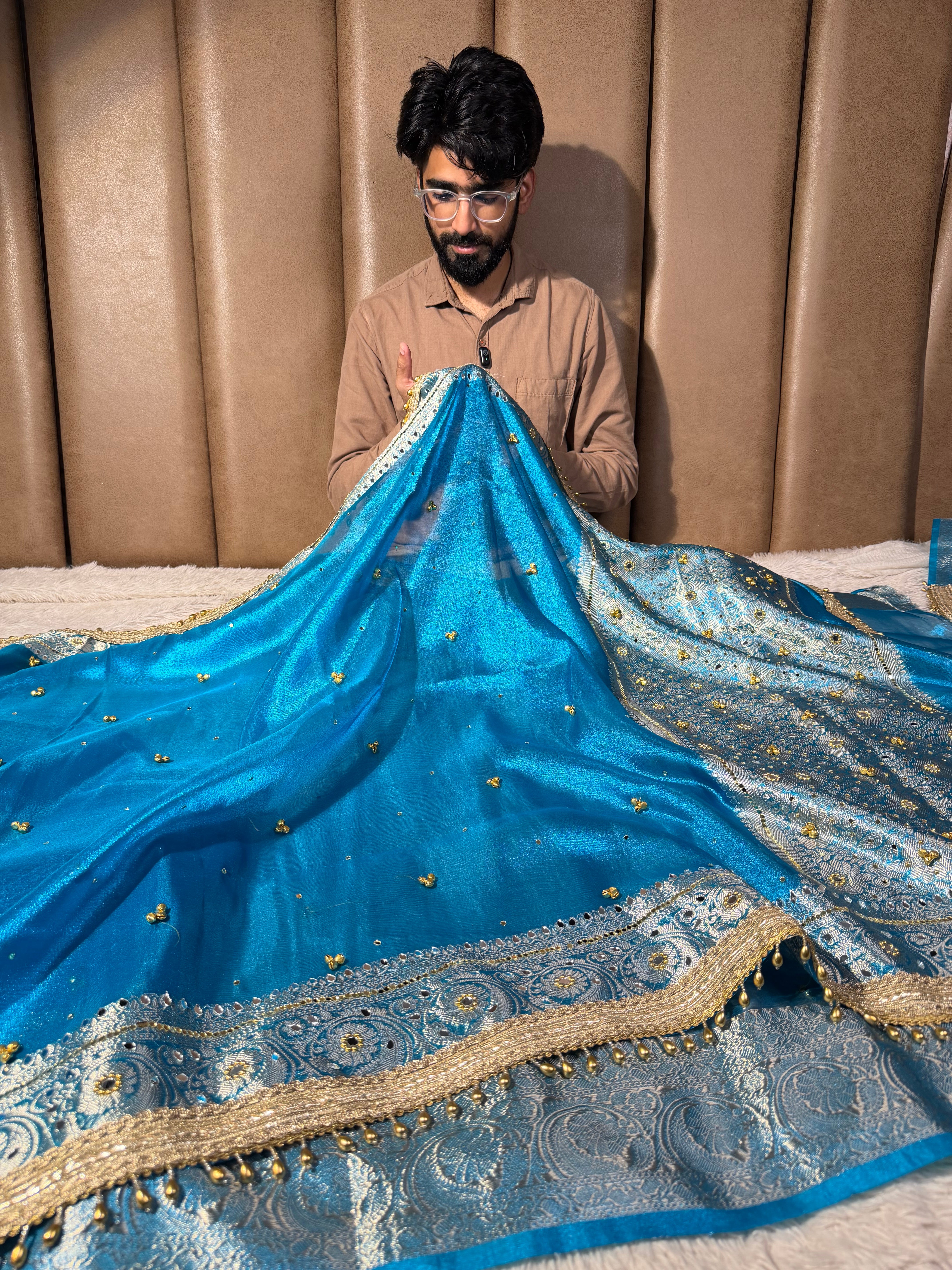 Firozi Blue Kora Tissue Viral Ghungroo Saree