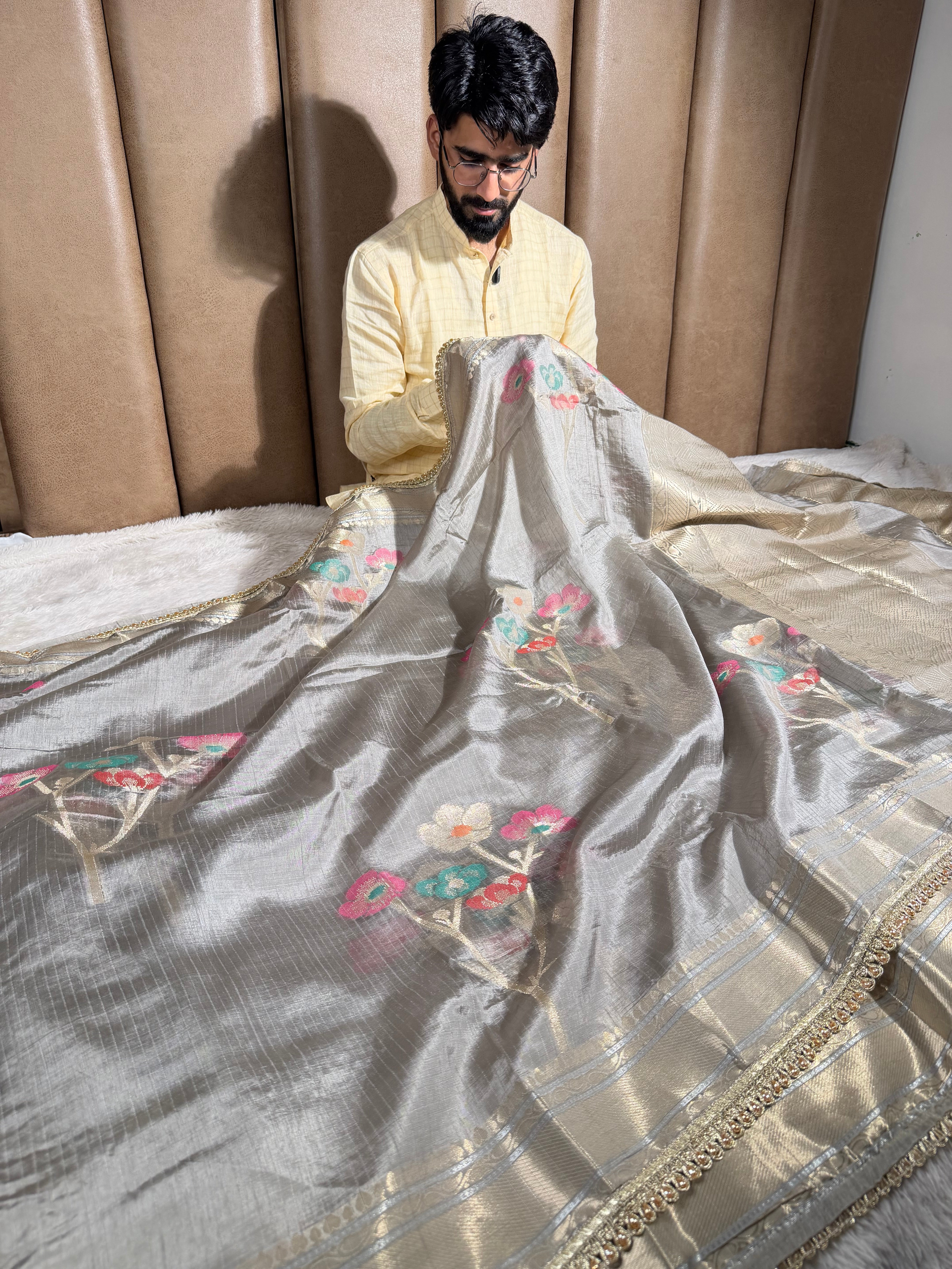 Rare Beige Dupion Silk Premium Designer Saree