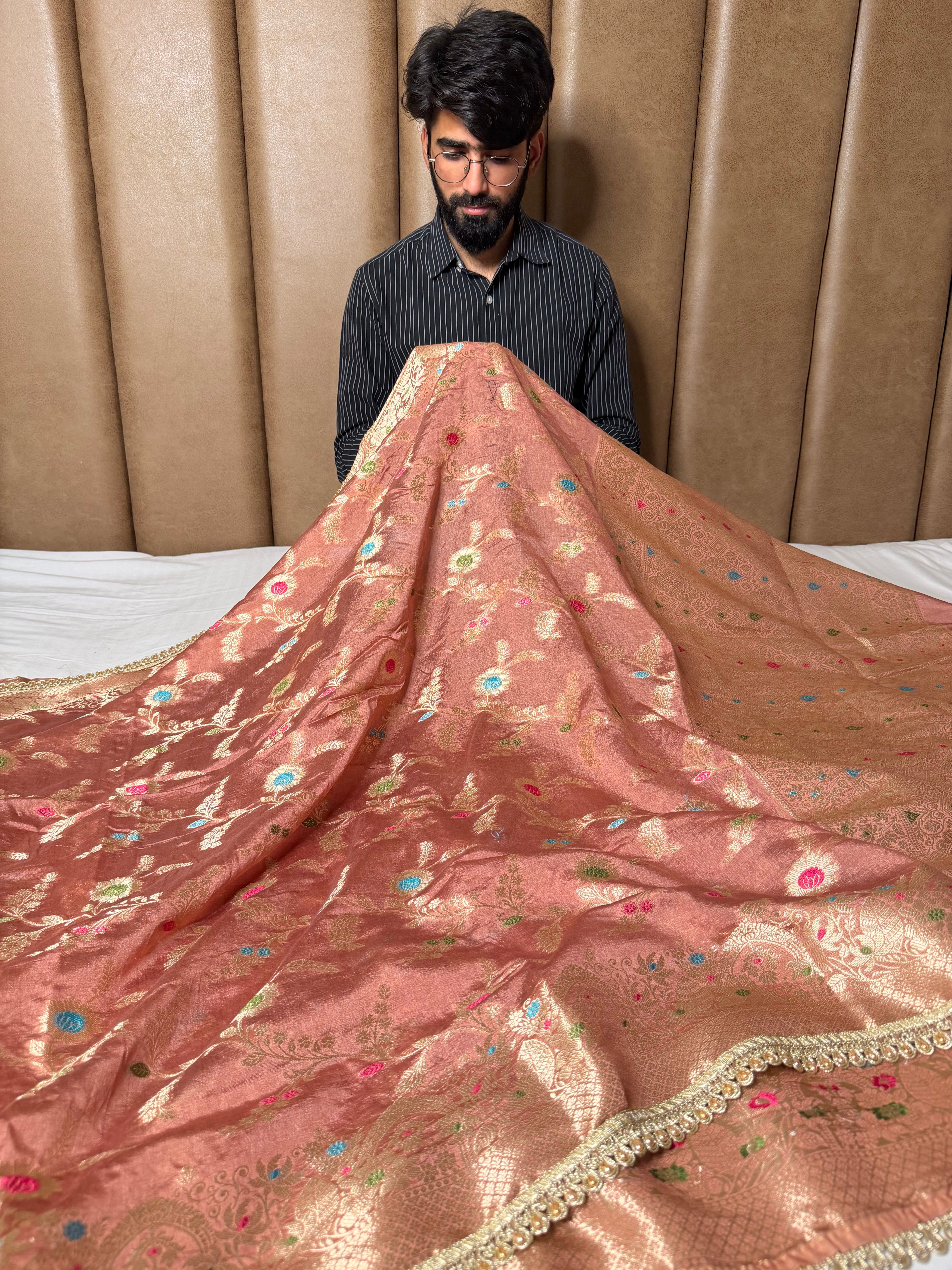 Mauve Peach Pemium Dupion Silk Lace Work Banarasi Saree